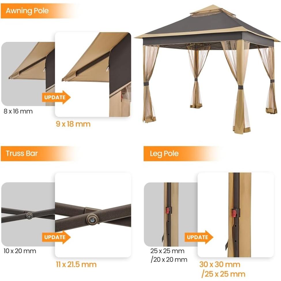 Yaheetech 11x11 Pop Up Gazebo Outdoor Canopy Shelter, Instant Patio Gazebo Sun Shade Canopy Tent with 4 Sandbags, 2 Tiers Roof & Mesh Netting for Lawn, Garden, Backyard & Deck, Brown