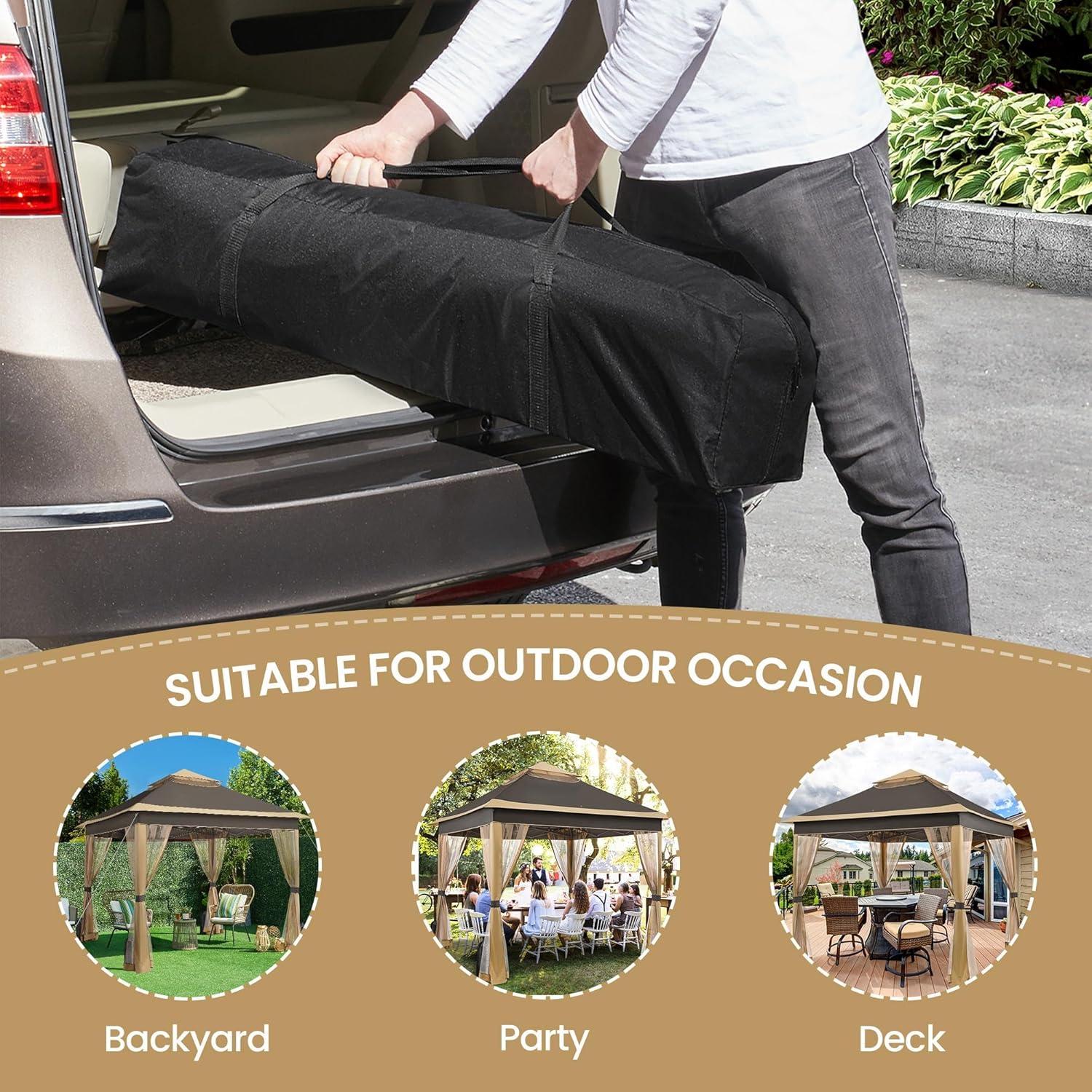 Yaheetech 11x11 Pop Up Gazebo Outdoor Canopy Shelter, Instant Patio Gazebo Sun Shade Canopy Tent with 4 Sandbags, 2 Tiers Roof & Mesh Netting for Lawn, Garden, Backyard & Deck, Brown