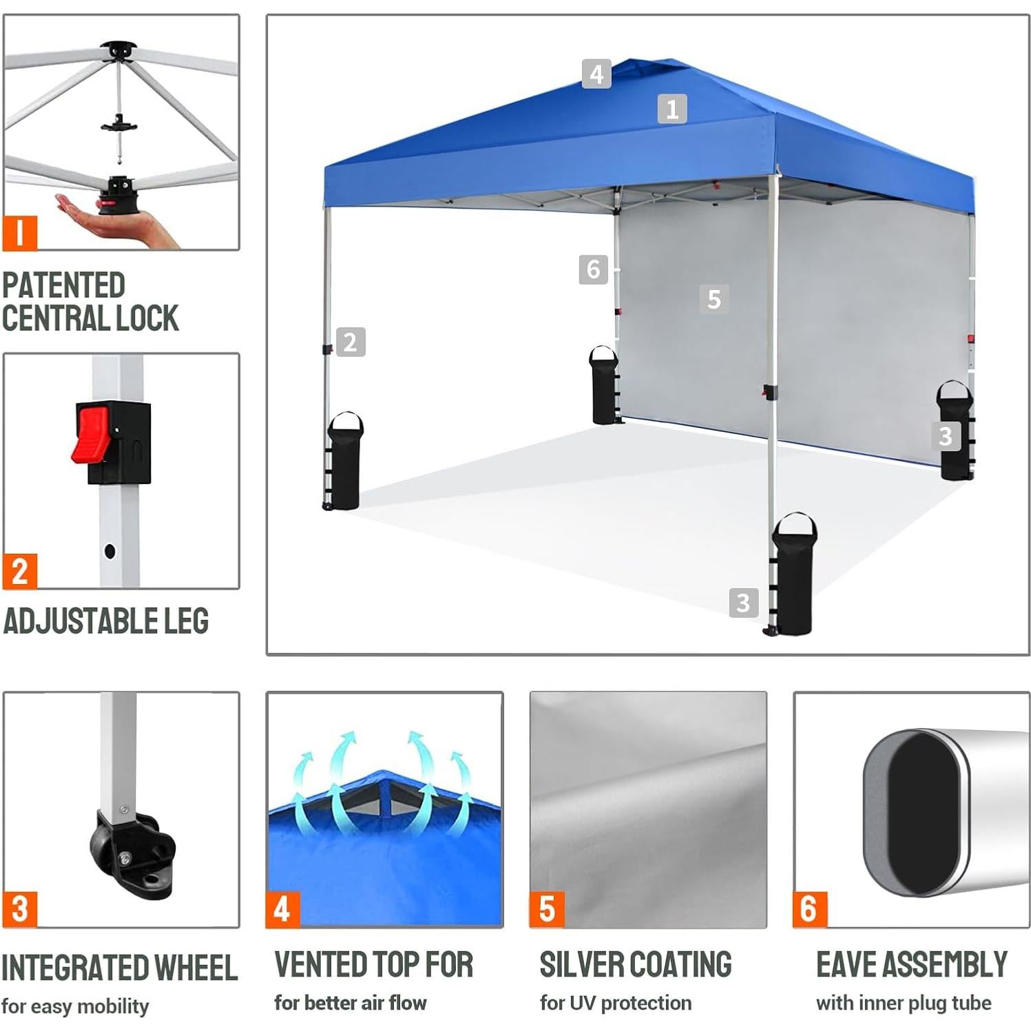 Carpa Plegable 3.05x3.05m CROWN SHADES con 1 Pared Lateral Azul