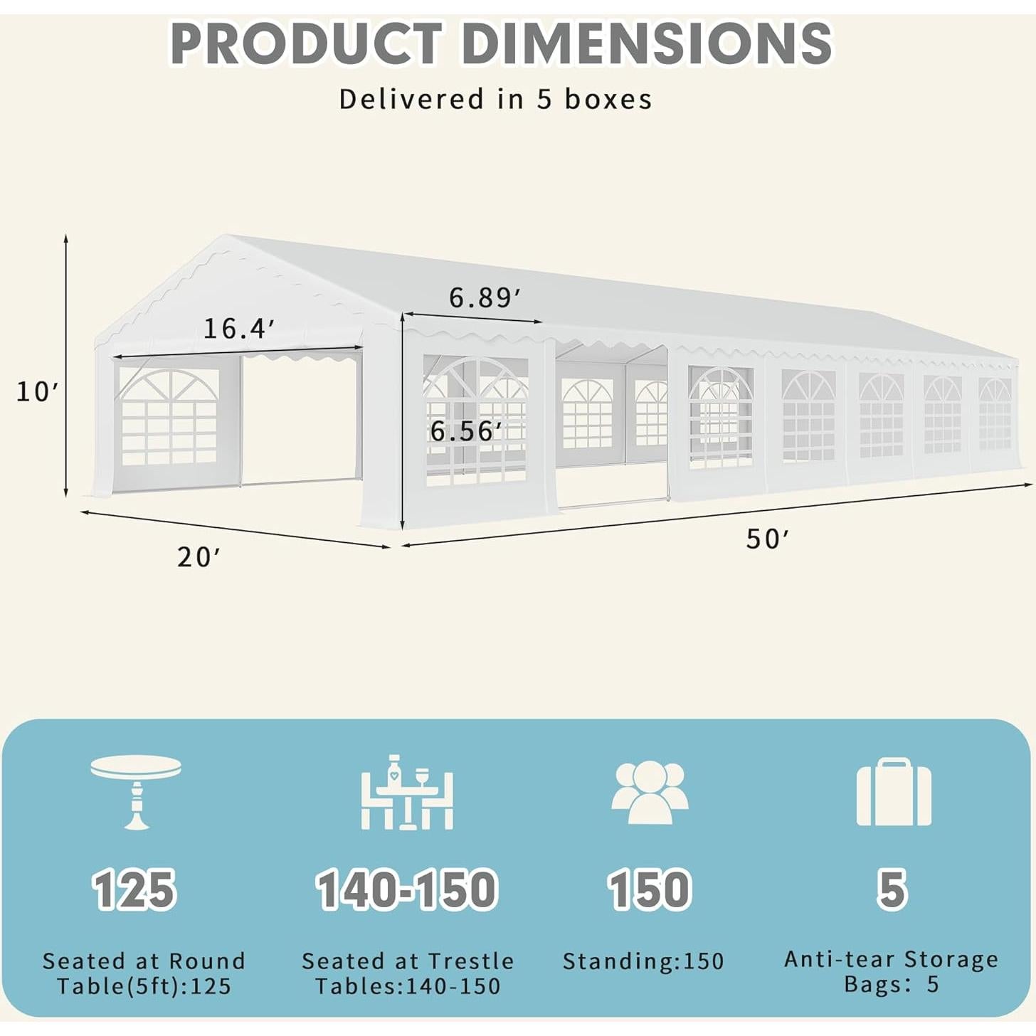EROMMY 20x50ft Party Tent, Outdoor Wedding Tent, Heavy Duty Large Canopy Carport with Removable Sidewalls, 2 Roll-up Doors, 5 Storage Bags, Gazebo Shelter Tent for Party Event Commercials, White