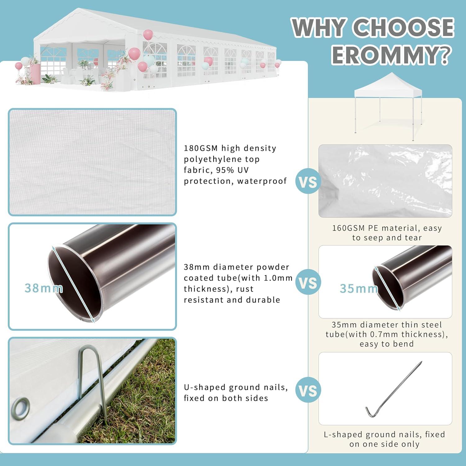 EROMMY 20x50ft Party Tent, Outdoor Wedding Tent, Heavy Duty Large Canopy Carport with Removable Sidewalls, 2 Roll-up Doors, 5 Storage Bags, Gazebo Shelter Tent for Party Event Commercials, White