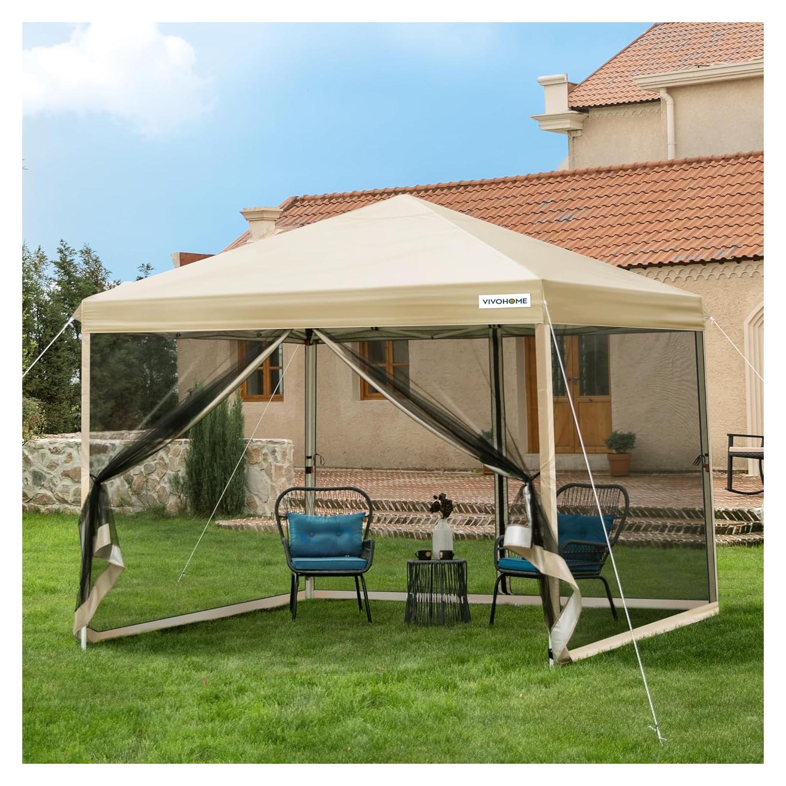 Carpa VIVOHOME 3x3m con Mosquitera y Ruedas Beige