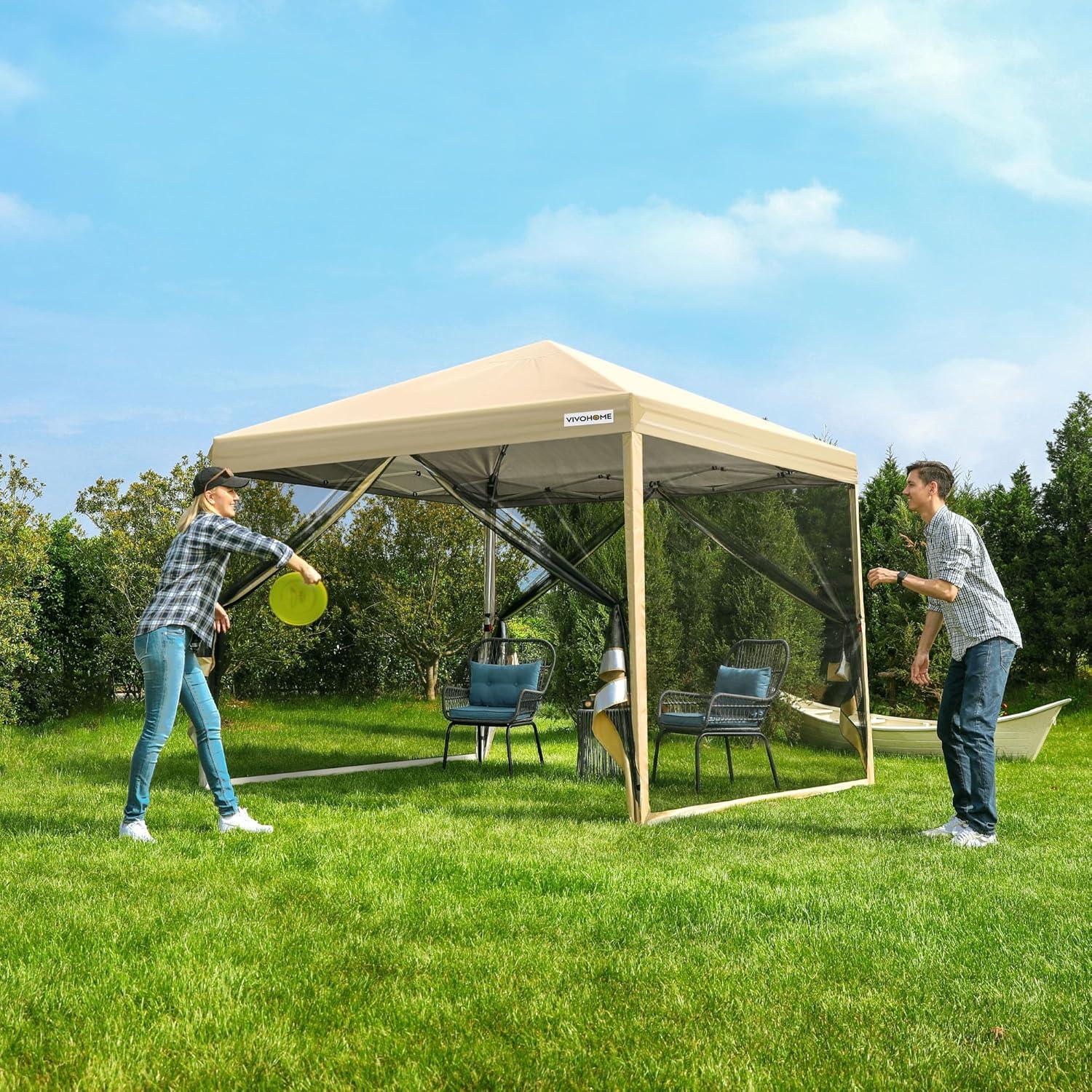 Carpa VIVOHOME 3x3m con Mosquitera y Ruedas Beige