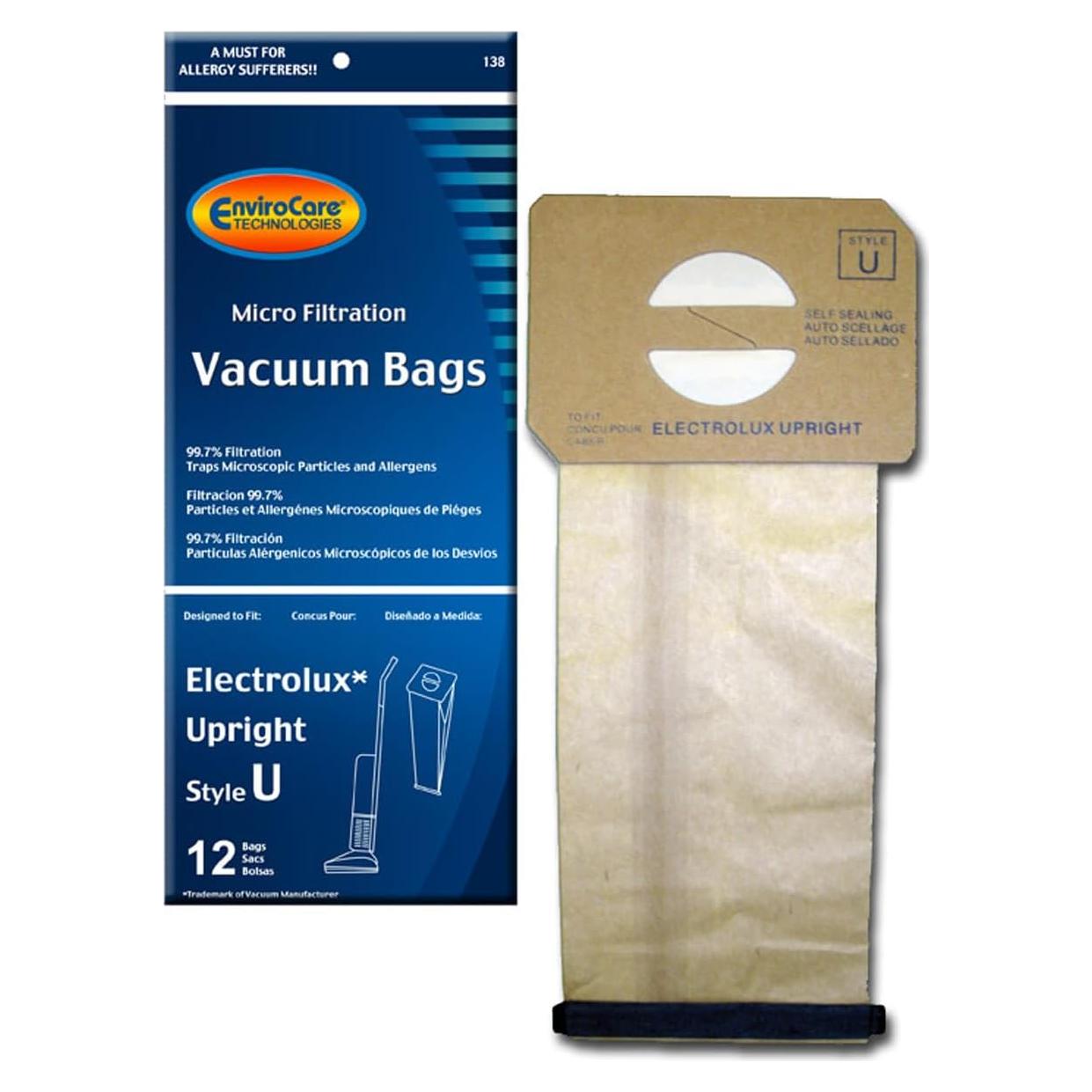 EnviroCare Replacement Micro Filtration Vacuum Cleaner Dust Bags made to fit Electrolux Upright Style U and ProTeam Prolux, ProCare & ProForce Uprights 12 pack