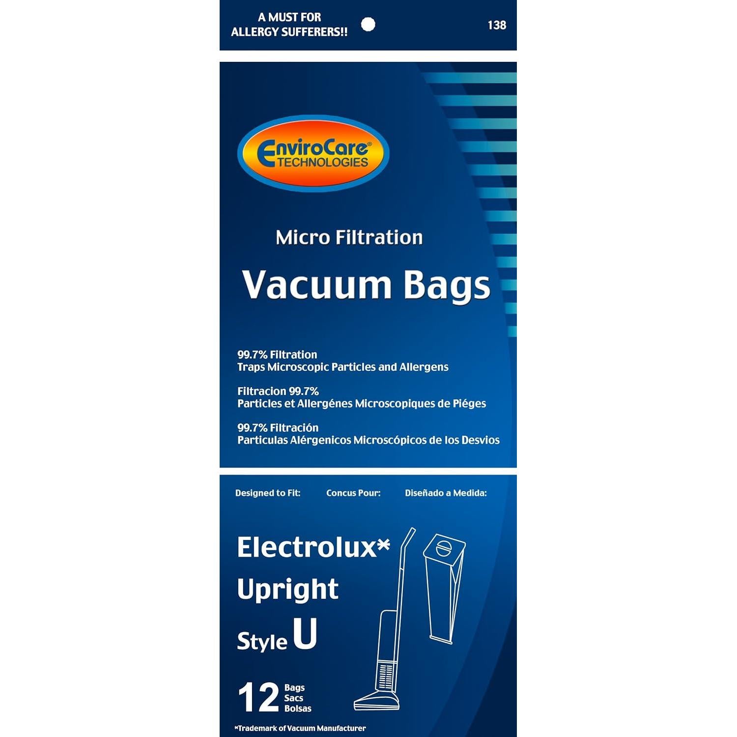 EnviroCare Replacement Micro Filtration Vacuum Cleaner Dust Bags made to fit Electrolux Upright Style U and ProTeam Prolux, ProCare & ProForce Uprights 12 pack