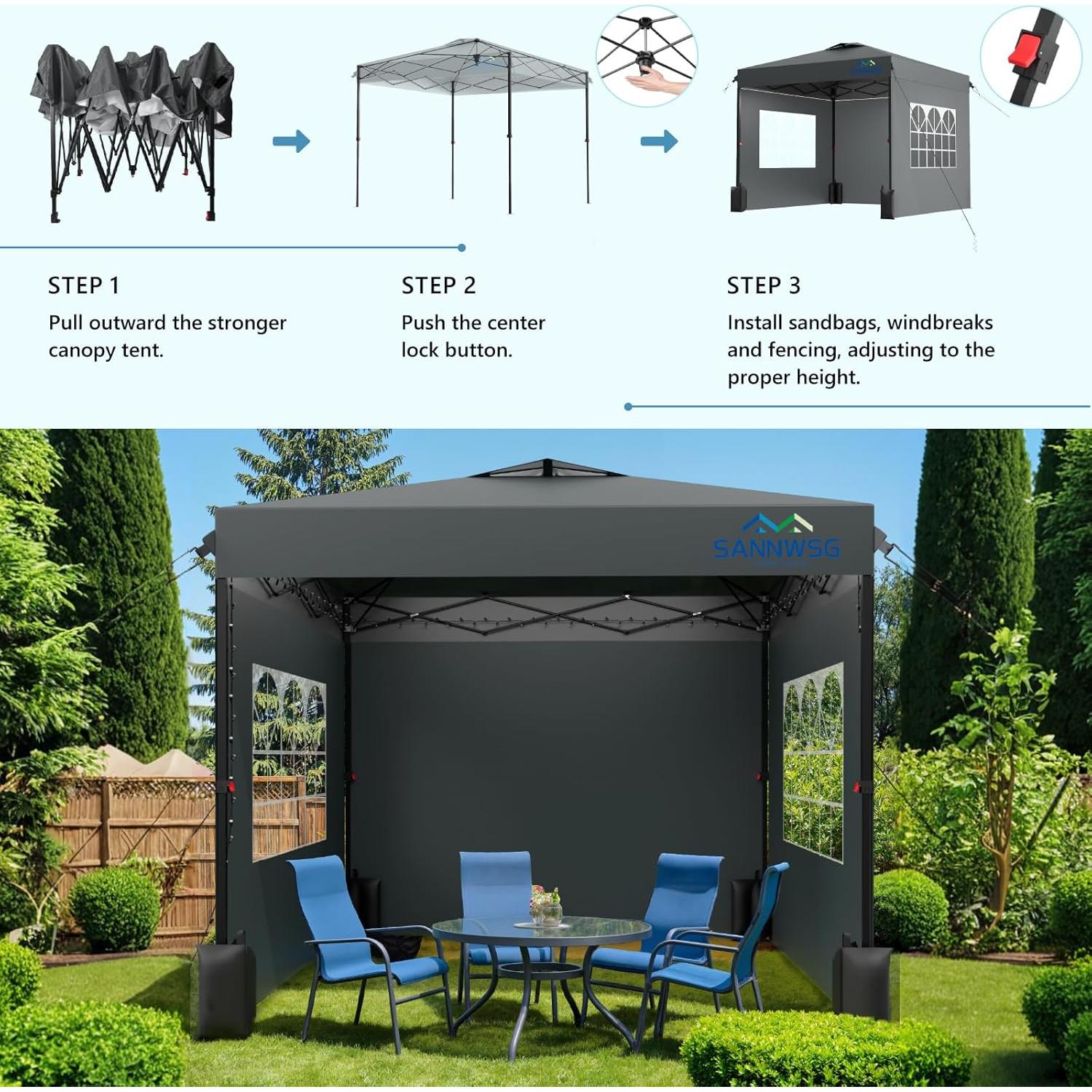 Carpa Plegable 3x3m Sannwsg Gris con 3 Paredes Laterales