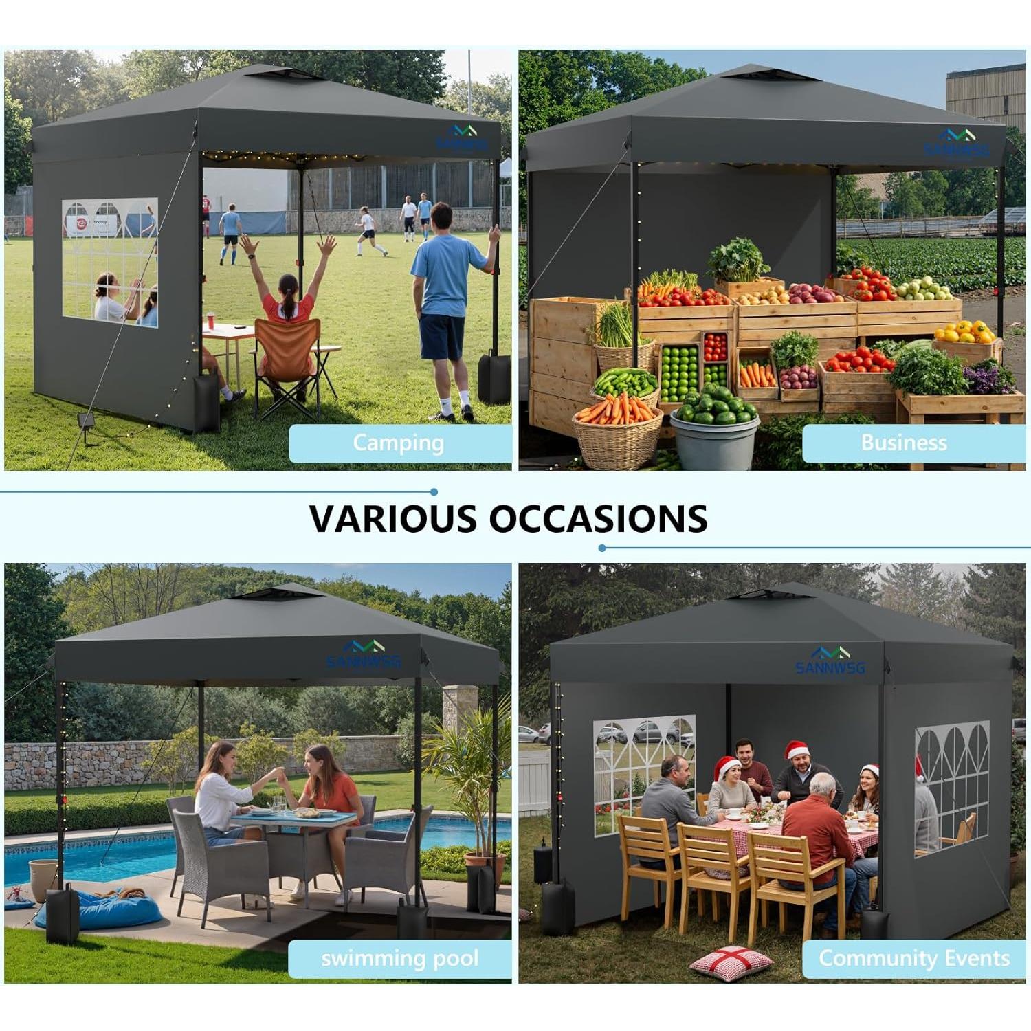 Carpa Plegable 3x3m Sannwsg Gris con 3 Paredes Laterales