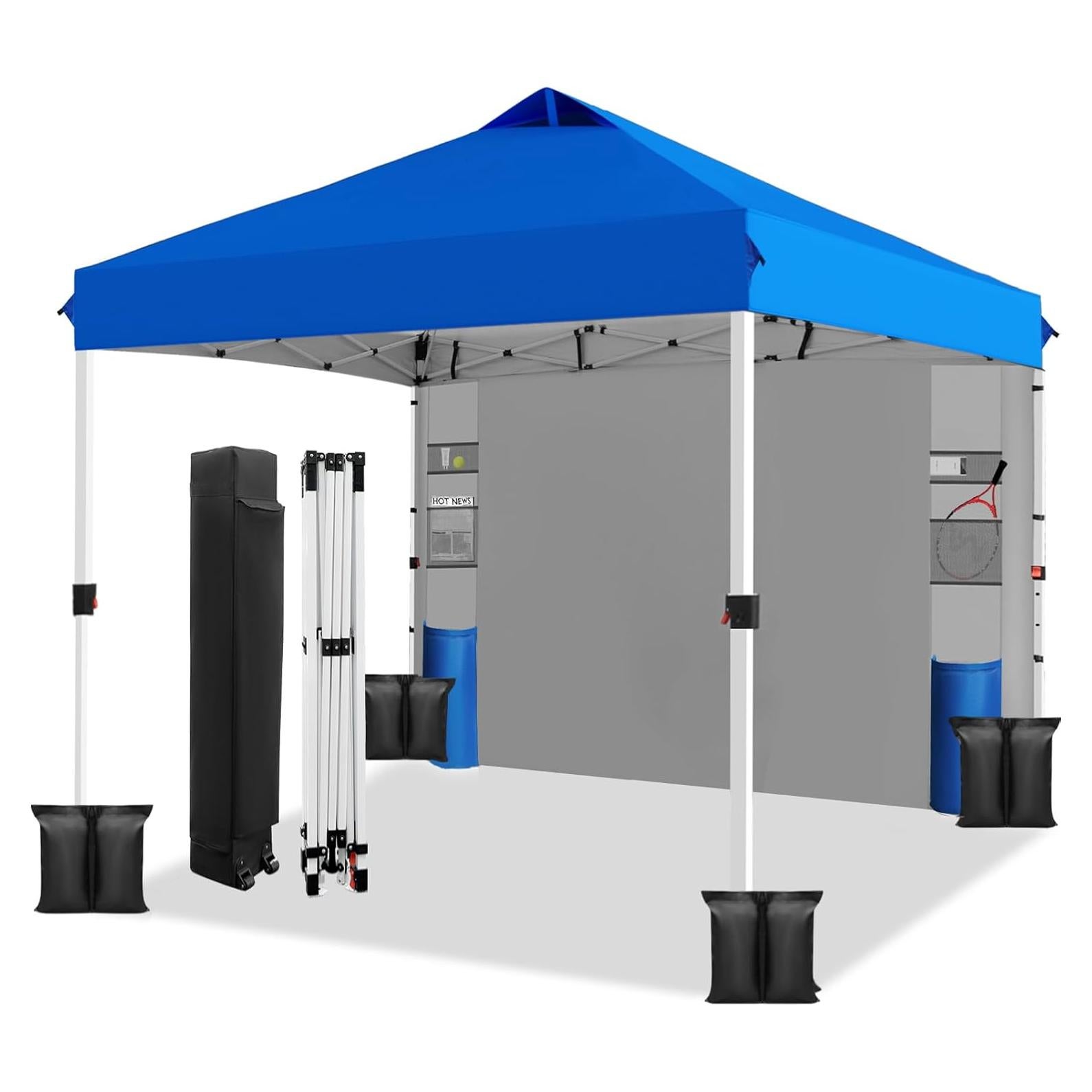 WEIZE 10x10 Pop Up Canopy Tent,One-Button Push Setup,Pop Up Tent with 1 Sidewall and 6 Pockets,Adjustable Height Instant Portable Shelter,4 Weight Bags,Sun Shade for Events & Beach (Blue)