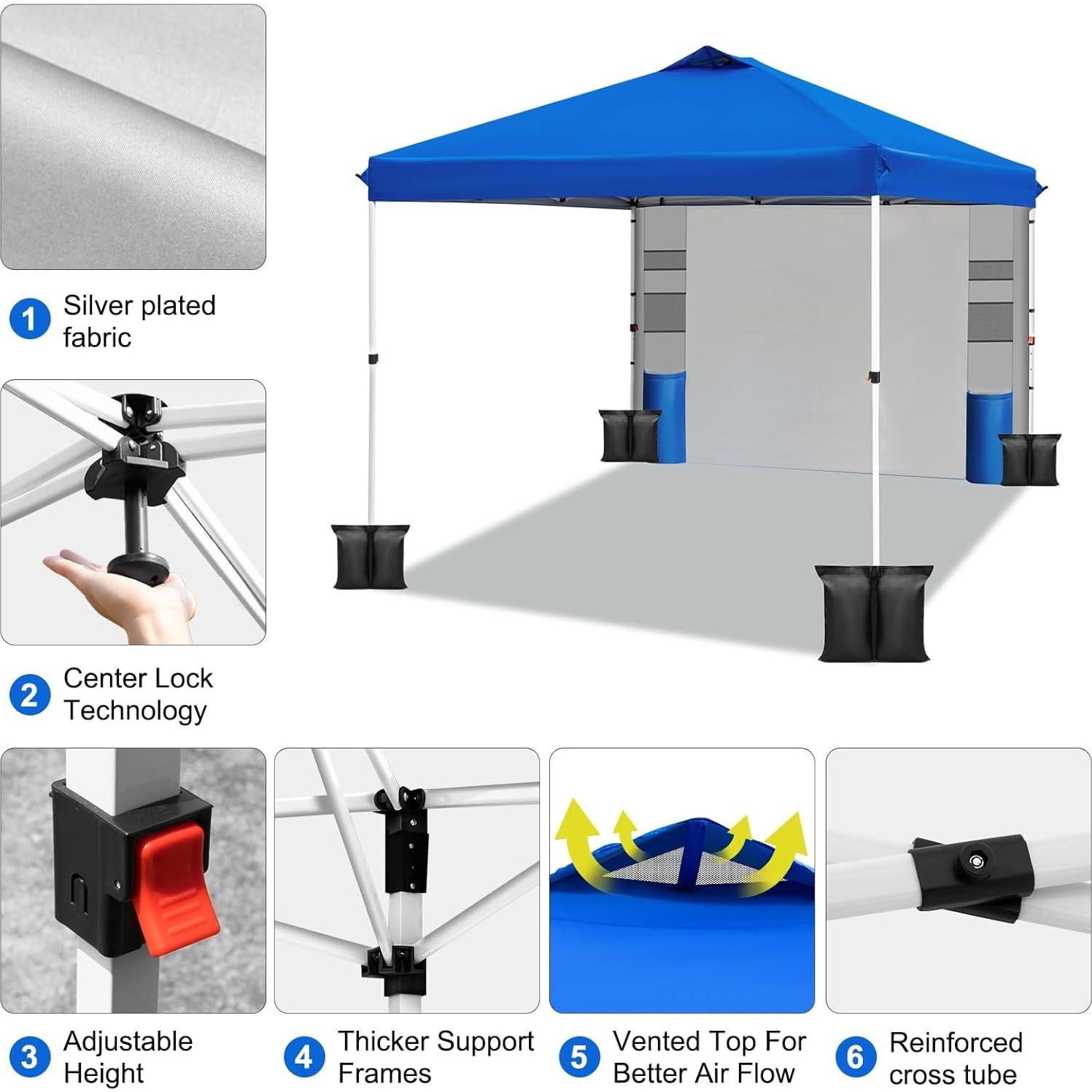 WEIZE 10x10 Pop Up Canopy Tent,One-Button Push Setup,Pop Up Tent with 1 Sidewall and 6 Pockets,Adjustable Height Instant Portable Shelter,4 Weight Bags,Sun Shade for Events & Beach (Blue)