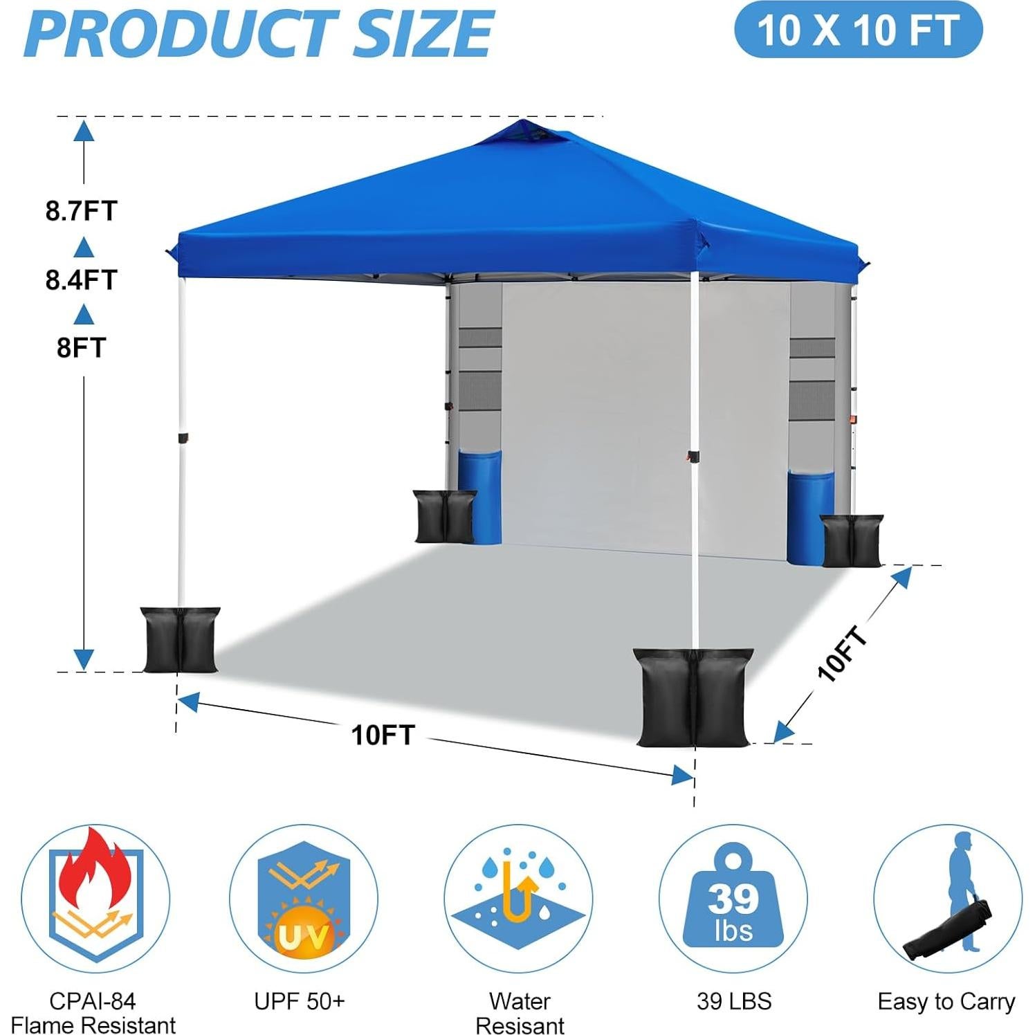 WEIZE 10x10 Pop Up Canopy Tent,One-Button Push Setup,Pop Up Tent with 1 Sidewall and 6 Pockets,Adjustable Height Instant Portable Shelter,4 Weight Bags,Sun Shade for Events & Beach (Blue)
