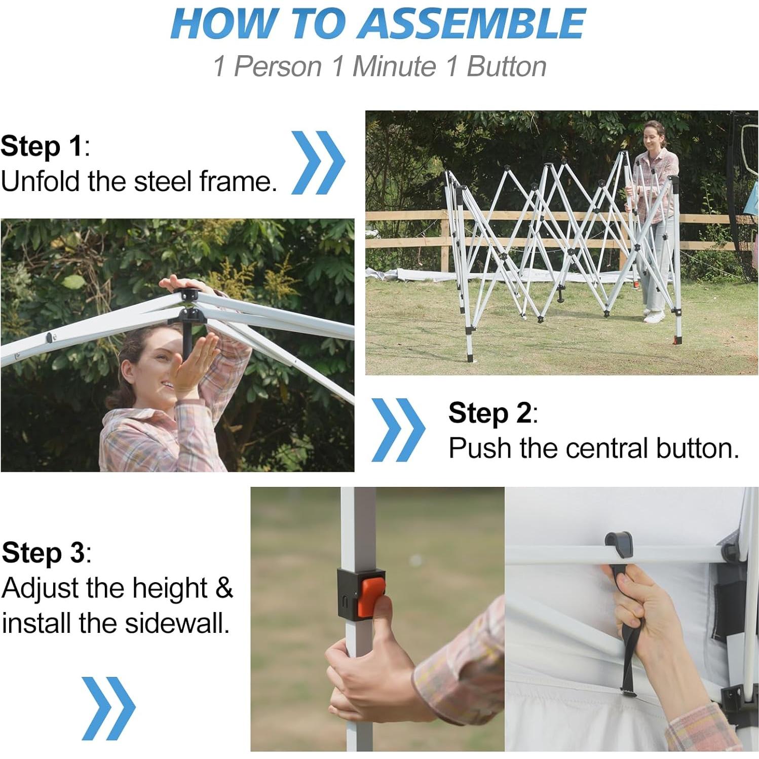 WEIZE 10x10 Pop Up Canopy Tent,One-Button Push Setup,Pop Up Tent with 1 Sidewall and 6 Pockets,Adjustable Height Instant Portable Shelter,4 Weight Bags,Sun Shade for Events & Beach (Blue)