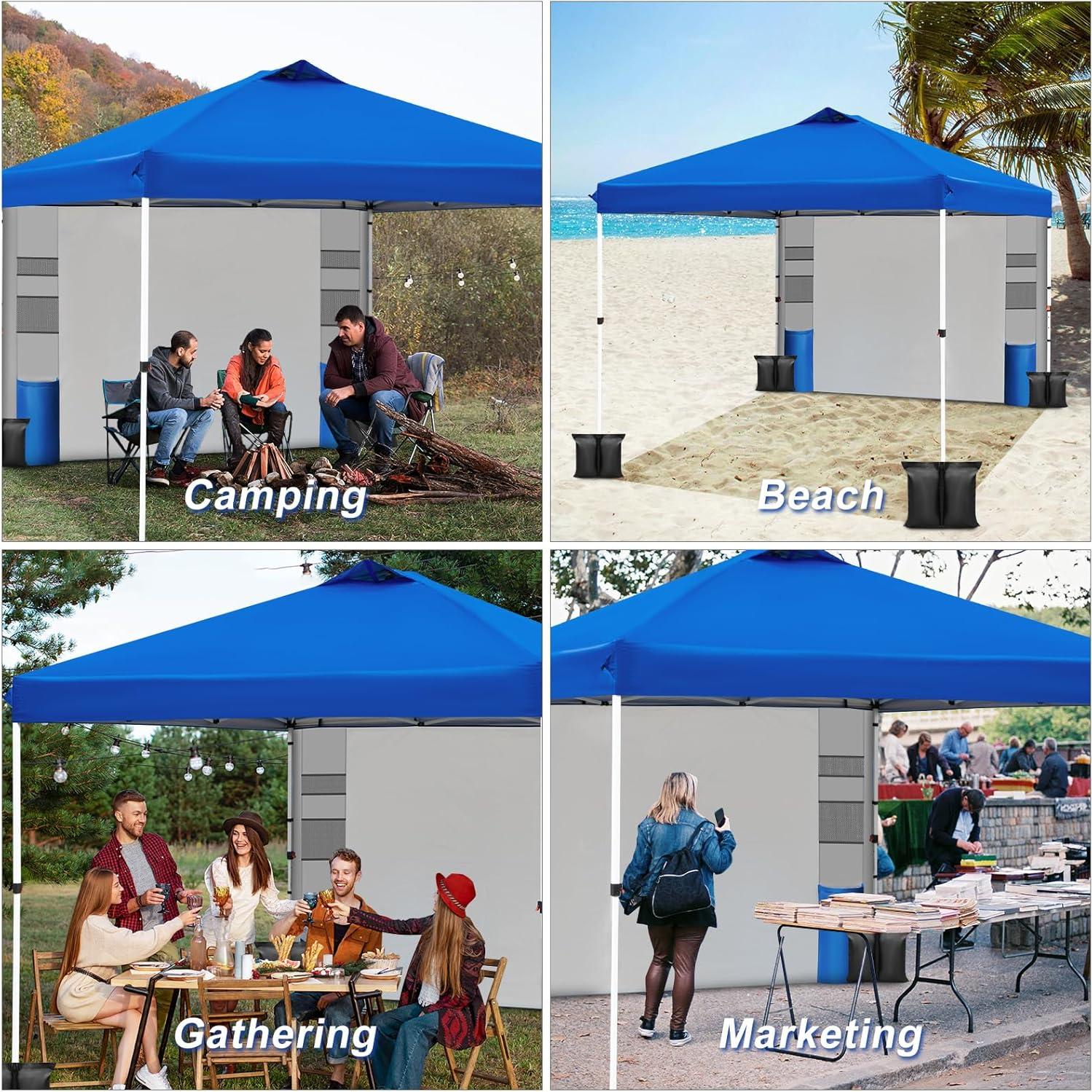 WEIZE 10x10 Pop Up Canopy Tent,One-Button Push Setup,Pop Up Tent with 1 Sidewall and 6 Pockets,Adjustable Height Instant Portable Shelter,4 Weight Bags,Sun Shade for Events & Beach (Blue)