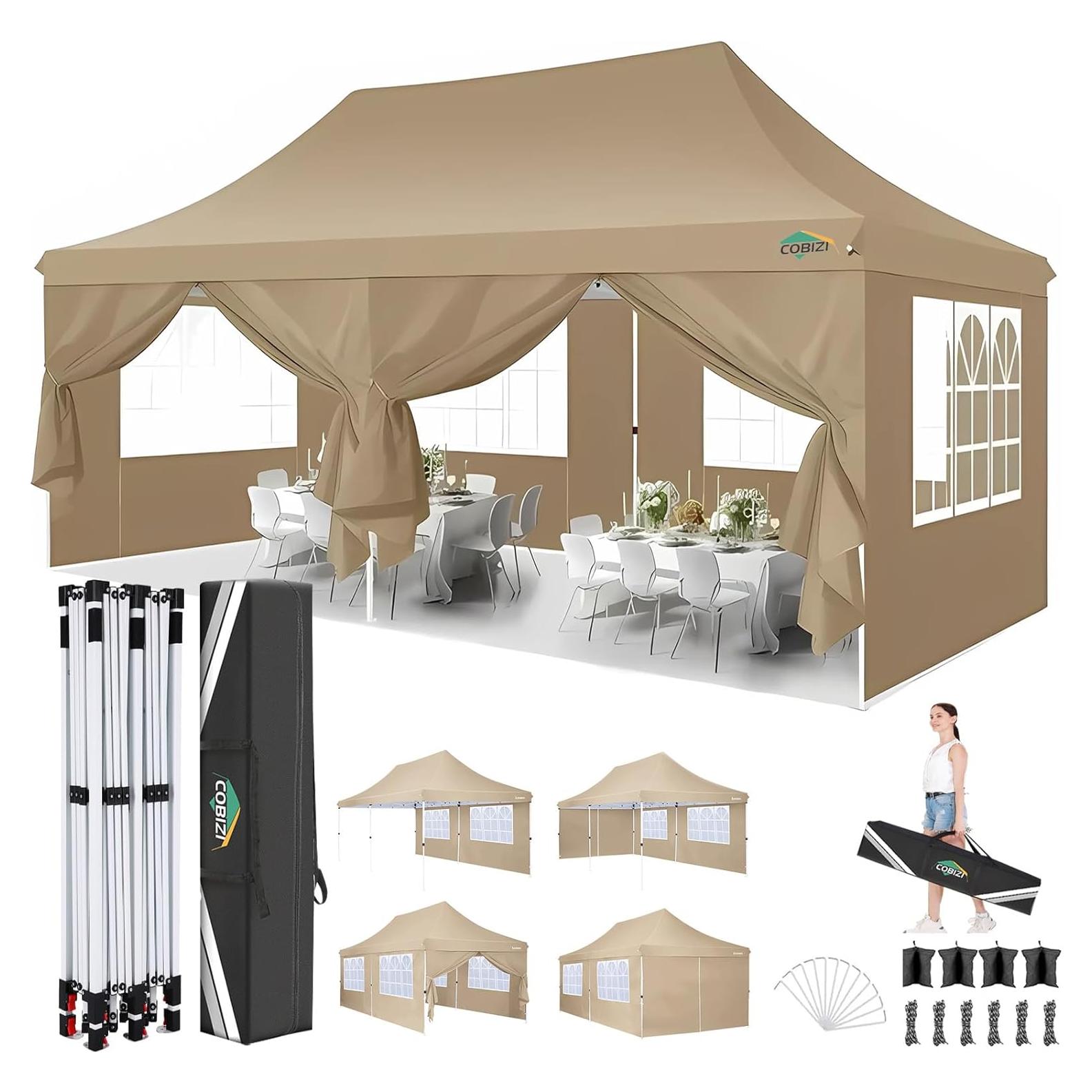 COBIZI 10x20 Pop Up Canopy with 6 Sidewalls, Conical Party Tent 10x20 with 3 Adjustable Height Waterproof, UV-Resistant EZ Outdoor Gazebo with Carry Bag, Sandbag, Stake, Rope for Parties, Commercial
