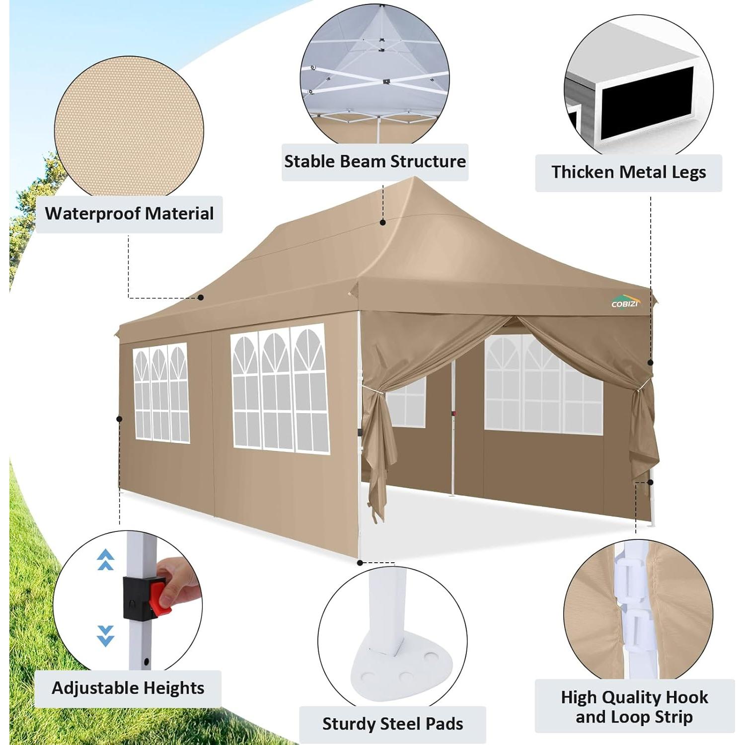 COBIZI 10x20 Pop Up Canopy with 6 Sidewalls, Conical Party Tent 10x20 with 3 Adjustable Height Waterproof, UV-Resistant EZ Outdoor Gazebo with Carry Bag, Sandbag, Stake, Rope for Parties, Commercial