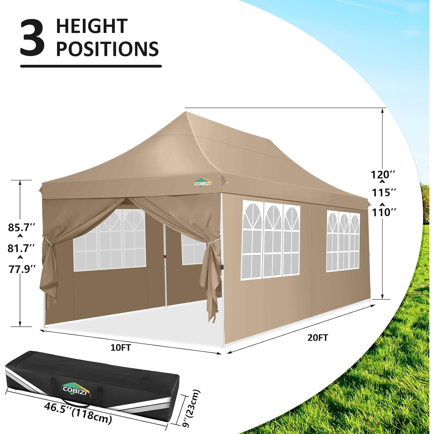 COBIZI 10x20 Pop Up Canopy with 6 Sidewalls, Conical Party Tent 10x20 with 3 Adjustable Height Waterproof, UV-Resistant EZ Outdoor Gazebo with Carry Bag, Sandbag, Stake, Rope for Parties, Commercial