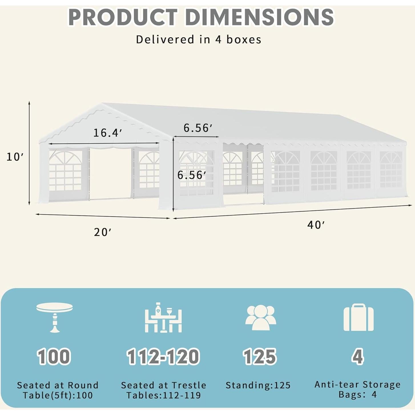 EROMMY 20x40ft Party Tent, Outdoor Wedding Tent, Heavy Duty Large Canopy Carport with Removable Sidewalls, 2 Roll-up Doors, 4 Storage Bags, Gazebo Shelter Tent for Party Event Commercials, White