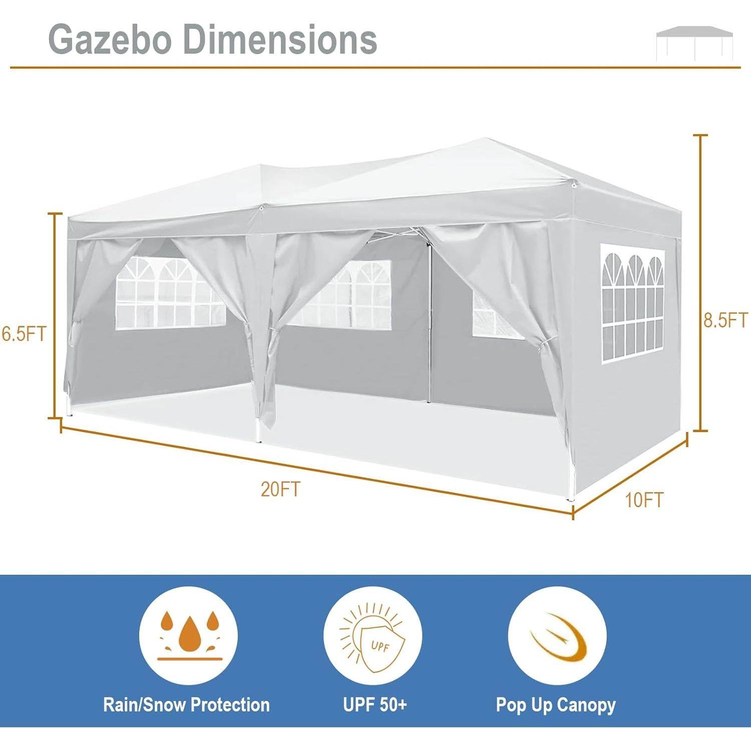 10x20 White Pop Up Canopy Outdoor Party Tent with 6 Sidewalls, Wedding Party Tent Outdoor Waterproof UV50 Canopy Event Shelter Tents for Parties, 6 pcs Weight Bag,Carry Bag