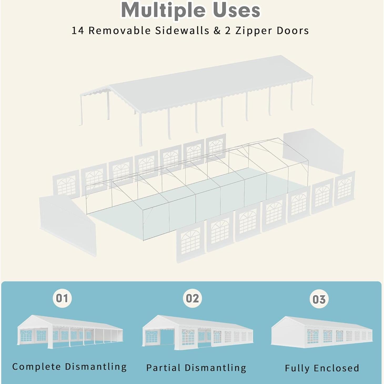 EROMMY 20x50ft Heavy Duty Party Tent, Large Outdoor Wedding Canopy with Removable Sidewalls, 2 Roll Up Doors, White Commercial Gazebo for Events, Includes 5 Storage Bags