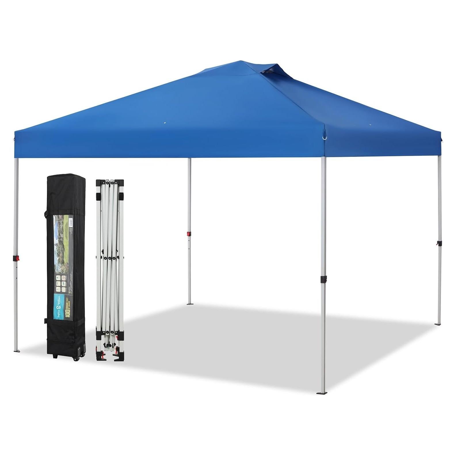 Sophia & William Canopy Tent Pop Up 10x10 ft, Outdoor Patio Portable Commercial Canopies Shelter Heavy Duty Straight Legs with Roller Bag, 8 Stakes, 4 Guy Ropes, UPF50+, Blue