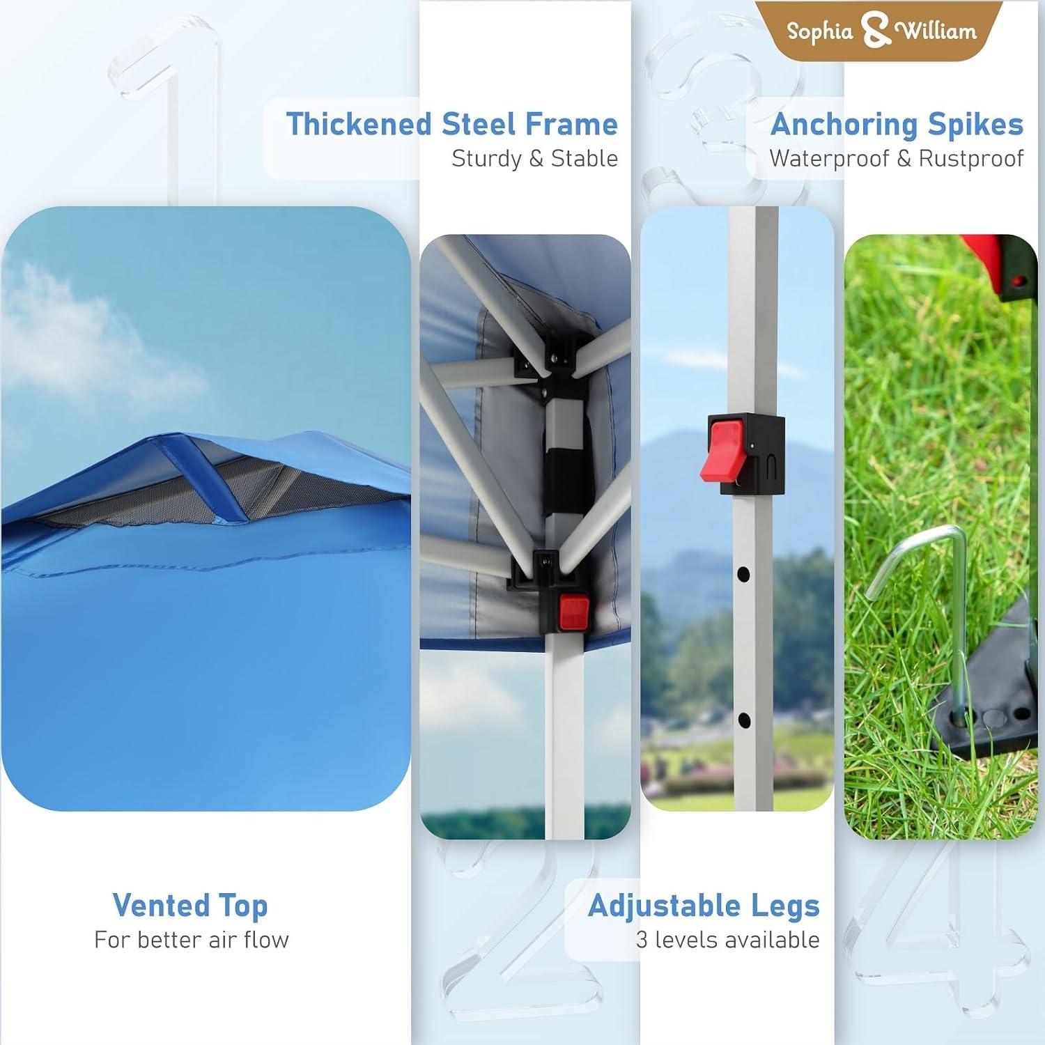 Sophia & William Canopy Tent Pop Up 10x10 ft, Outdoor Patio Portable Commercial Canopies Shelter Heavy Duty Straight Legs with Roller Bag, 8 Stakes, 4 Guy Ropes, UPF50+, Blue