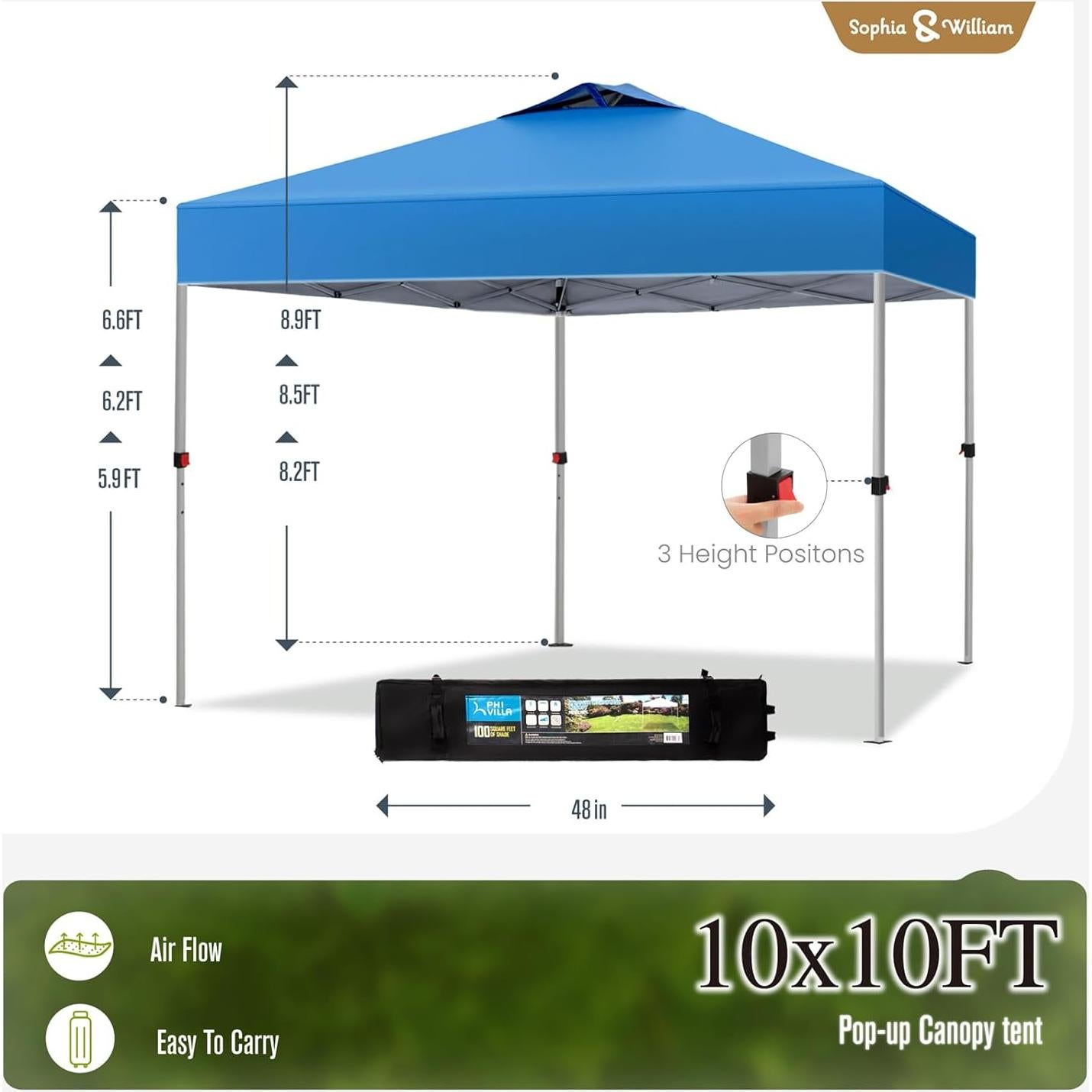 Sophia & William Canopy Tent Pop Up 10x10 ft, Outdoor Patio Portable Commercial Canopies Shelter Heavy Duty Straight Legs with Roller Bag, 8 Stakes, 4 Guy Ropes, UPF50+, Blue