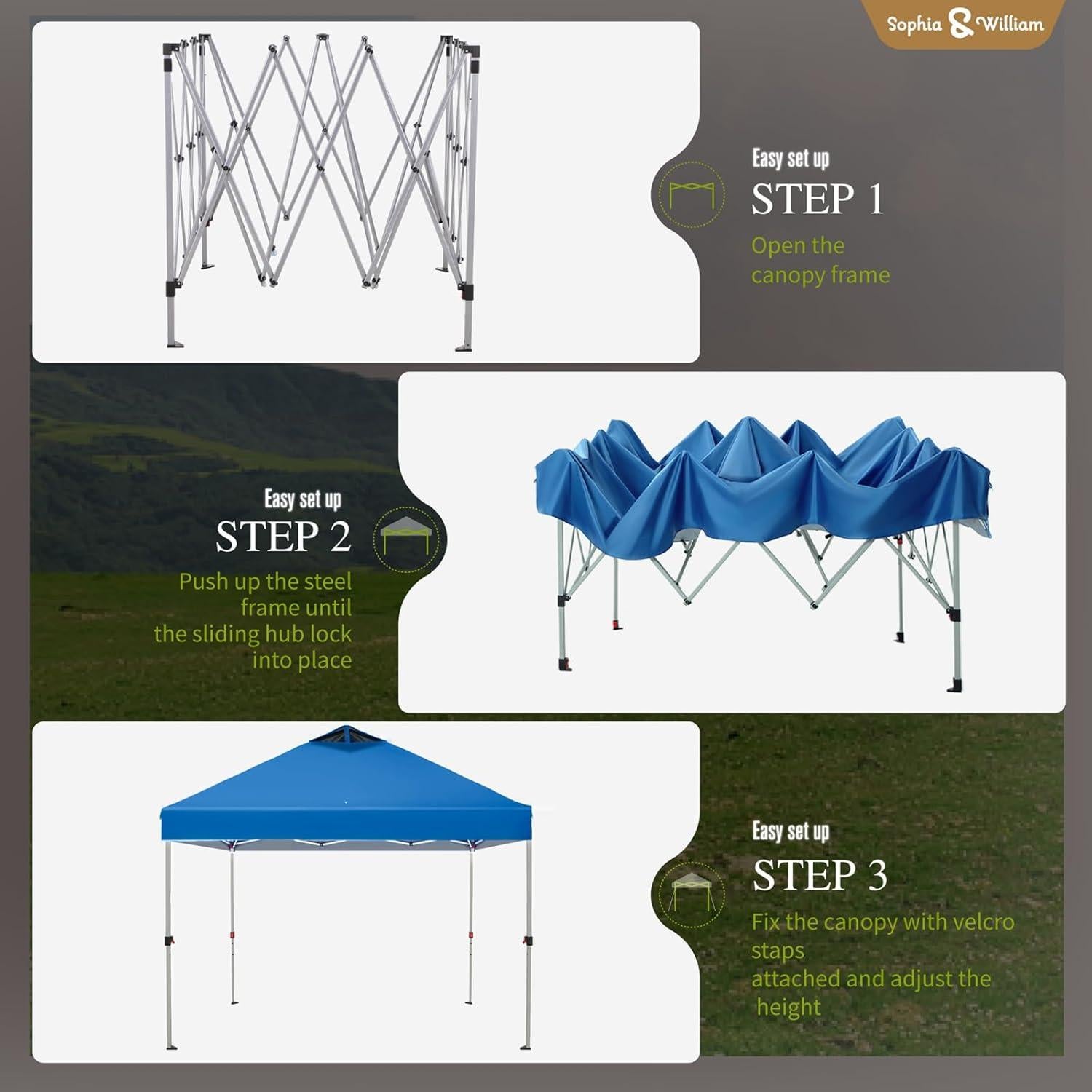 Sophia & William Canopy Tent Pop Up 10x10 ft, Outdoor Patio Portable Commercial Canopies Shelter Heavy Duty Straight Legs with Roller Bag, 8 Stakes, 4 Guy Ropes, UPF50+, Blue