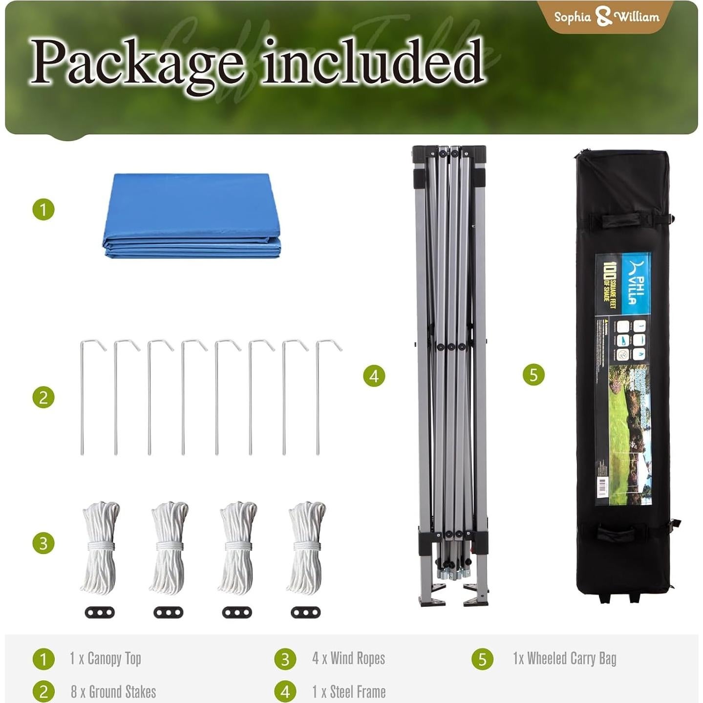 Sophia & William Canopy Tent Pop Up 10x10 ft, Outdoor Patio Portable Commercial Canopies Shelter Heavy Duty Straight Legs with Roller Bag, 8 Stakes, 4 Guy Ropes, UPF50+, Blue