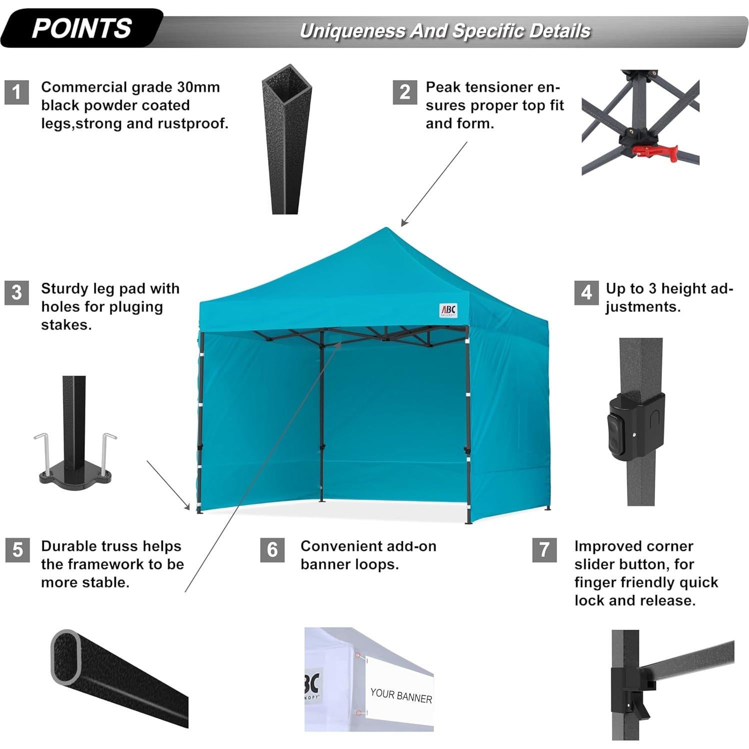 ABCCANOPY Heavy Duty Easy Pop up Canopy Tent with Sidewalls 10x10, Turquoise