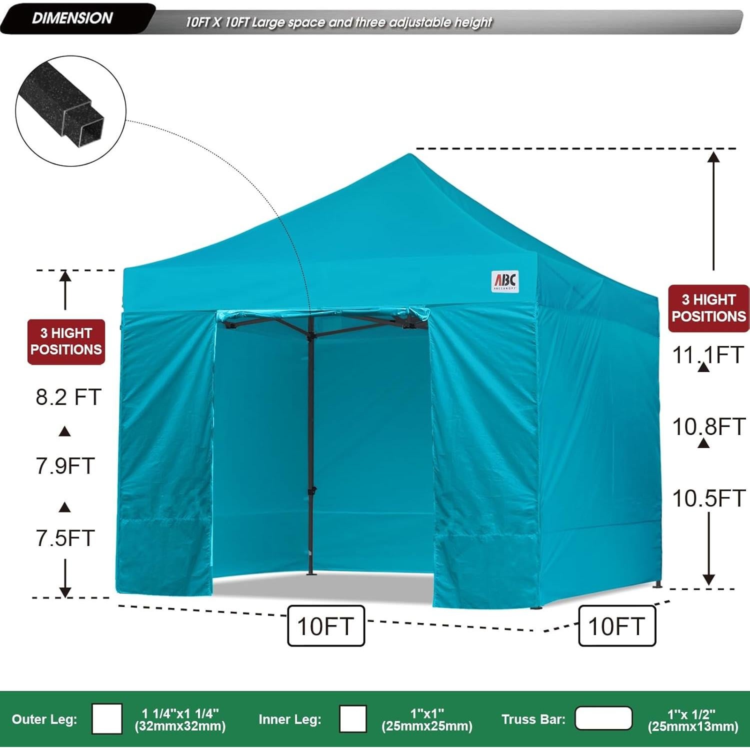 ABCCANOPY Heavy Duty Easy Pop up Canopy Tent with Sidewalls 10x10, Turquoise