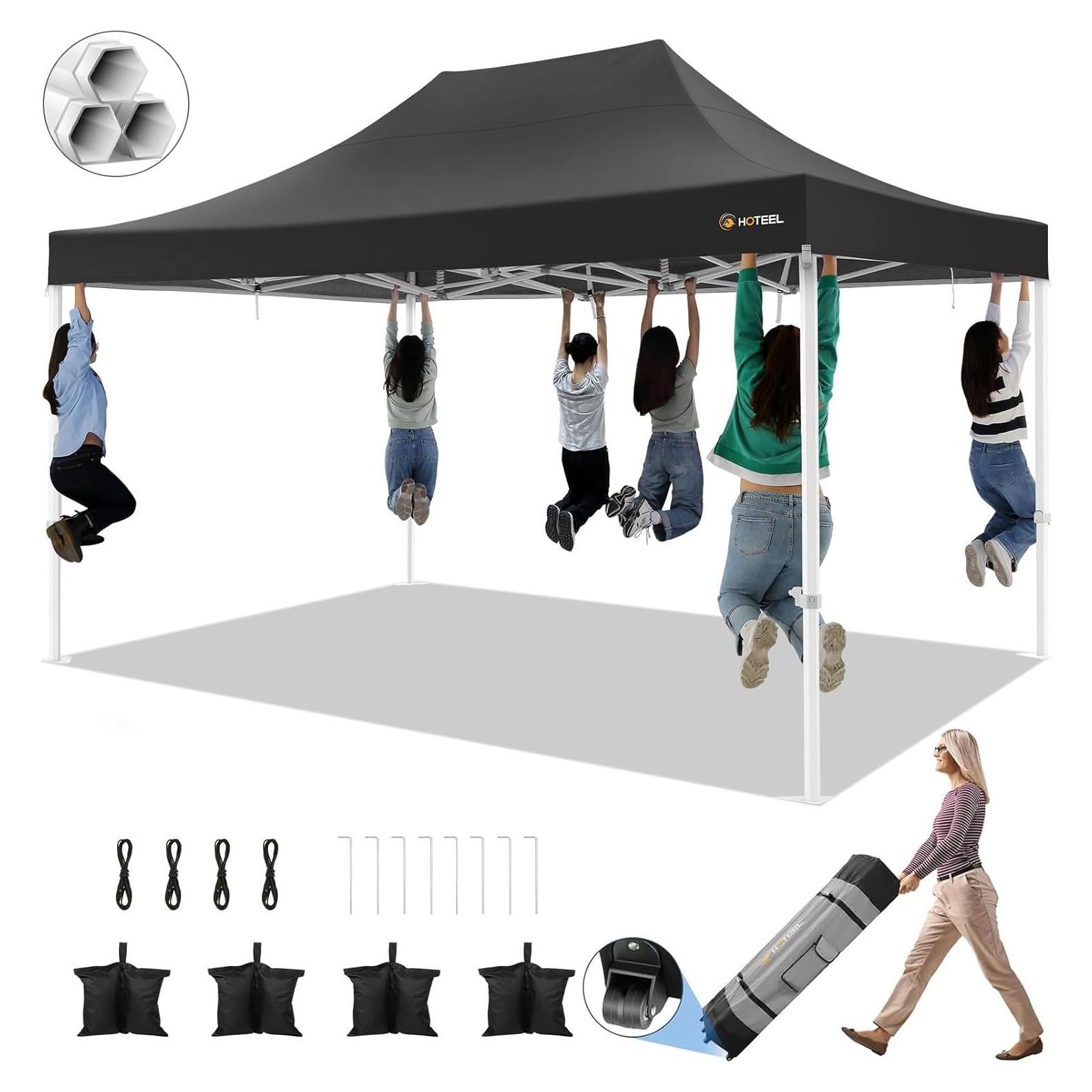 HOTEEL 10x15 Pop up Canopy Tent for Parties, Heavy Duty Easy Setup Tent Without Sidewalls, Outdoor Commercial Instant Gazebo for Wedding Event, with Roller Bag & Sand Bags, Black(Hexagonal Frame)