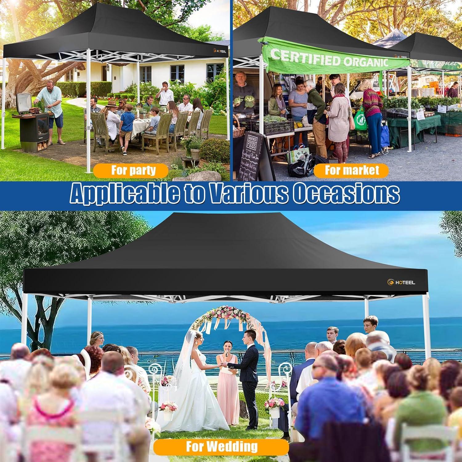 HOTEEL 10x15 Pop up Canopy Tent for Parties, Heavy Duty Easy Setup Tent Without Sidewalls, Outdoor Commercial Instant Gazebo for Wedding Event, with Roller Bag & Sand Bags, Black(Hexagonal Frame)