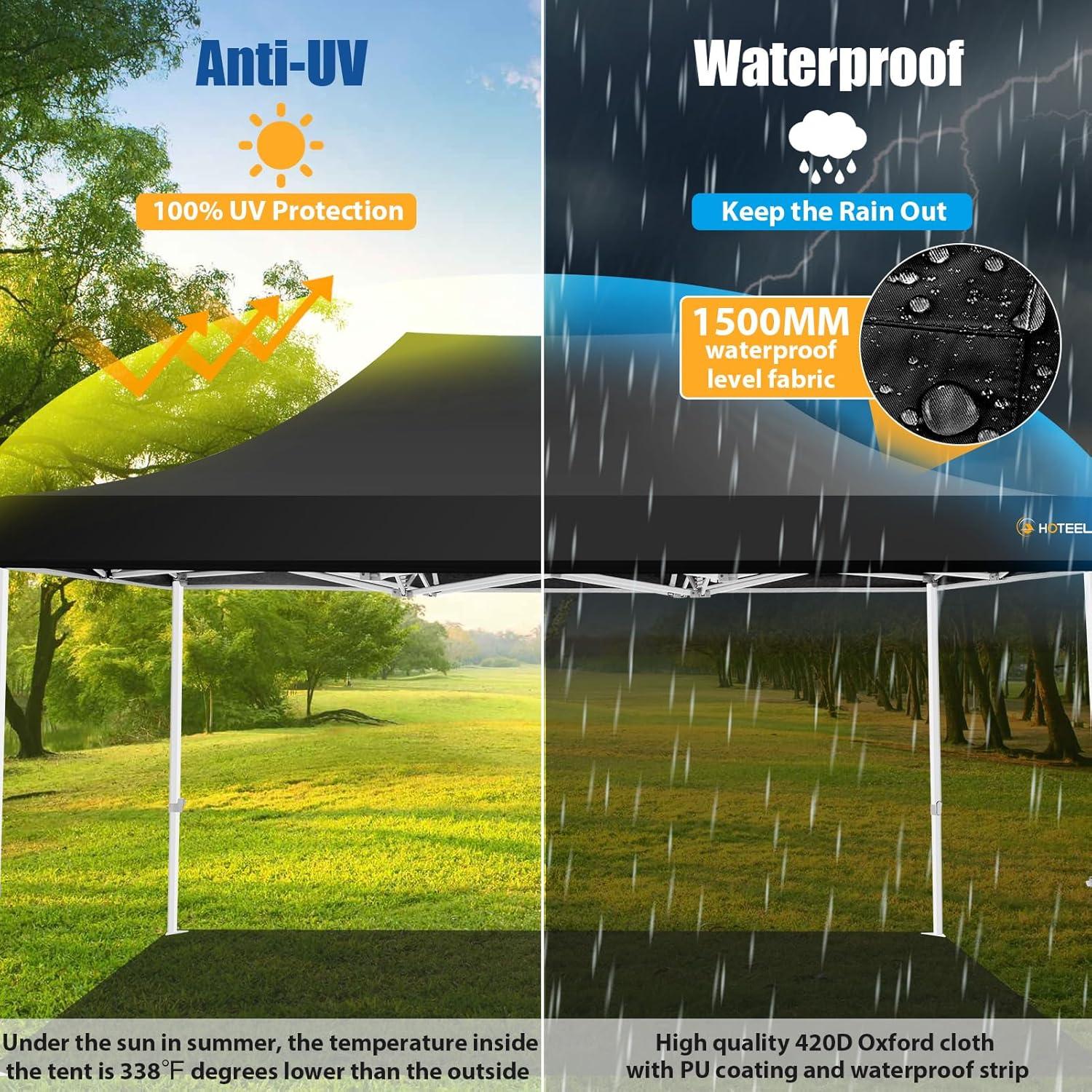 HOTEEL 10x15 Pop up Canopy Tent for Parties, Heavy Duty Easy Setup Tent Without Sidewalls, Outdoor Commercial Instant Gazebo for Wedding Event, with Roller Bag & Sand Bags, Black(Hexagonal Frame)