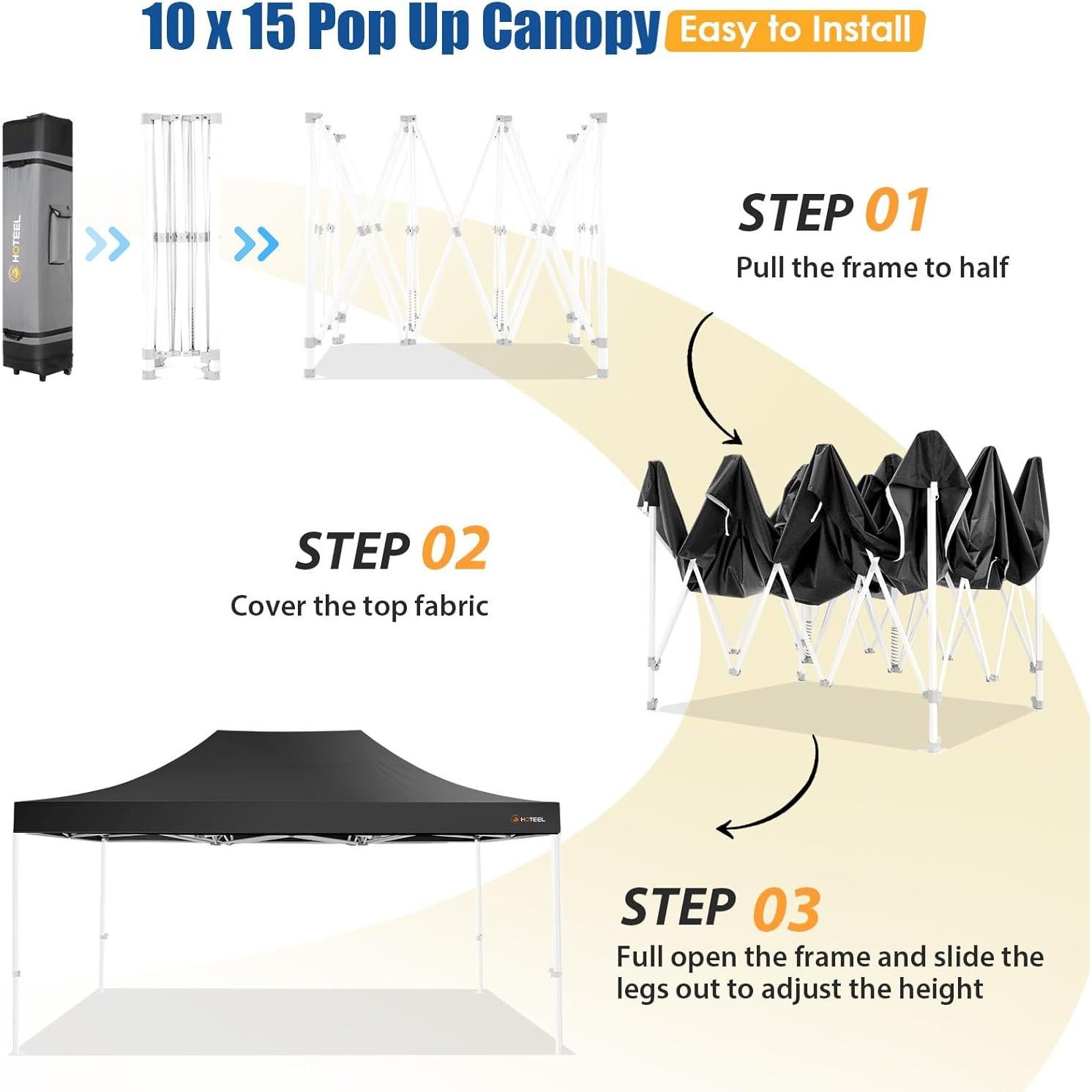 HOTEEL 10x15 Pop up Canopy Tent for Parties, Heavy Duty Easy Setup Tent Without Sidewalls, Outdoor Commercial Instant Gazebo for Wedding Event, with Roller Bag & Sand Bags, Black(Hexagonal Frame)