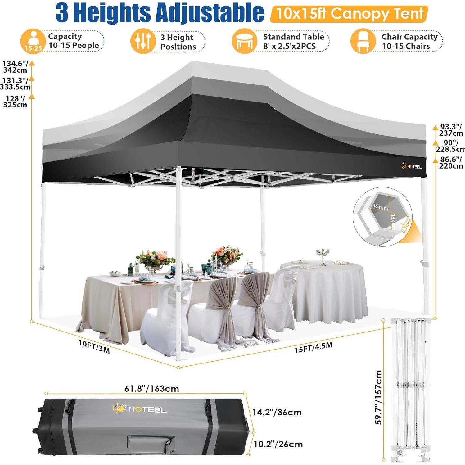 HOTEEL 10x15 Pop up Canopy Tent for Parties, Heavy Duty Easy Setup Tent Without Sidewalls, Outdoor Commercial Instant Gazebo for Wedding Event, with Roller Bag & Sand Bags, Black(Hexagonal Frame)