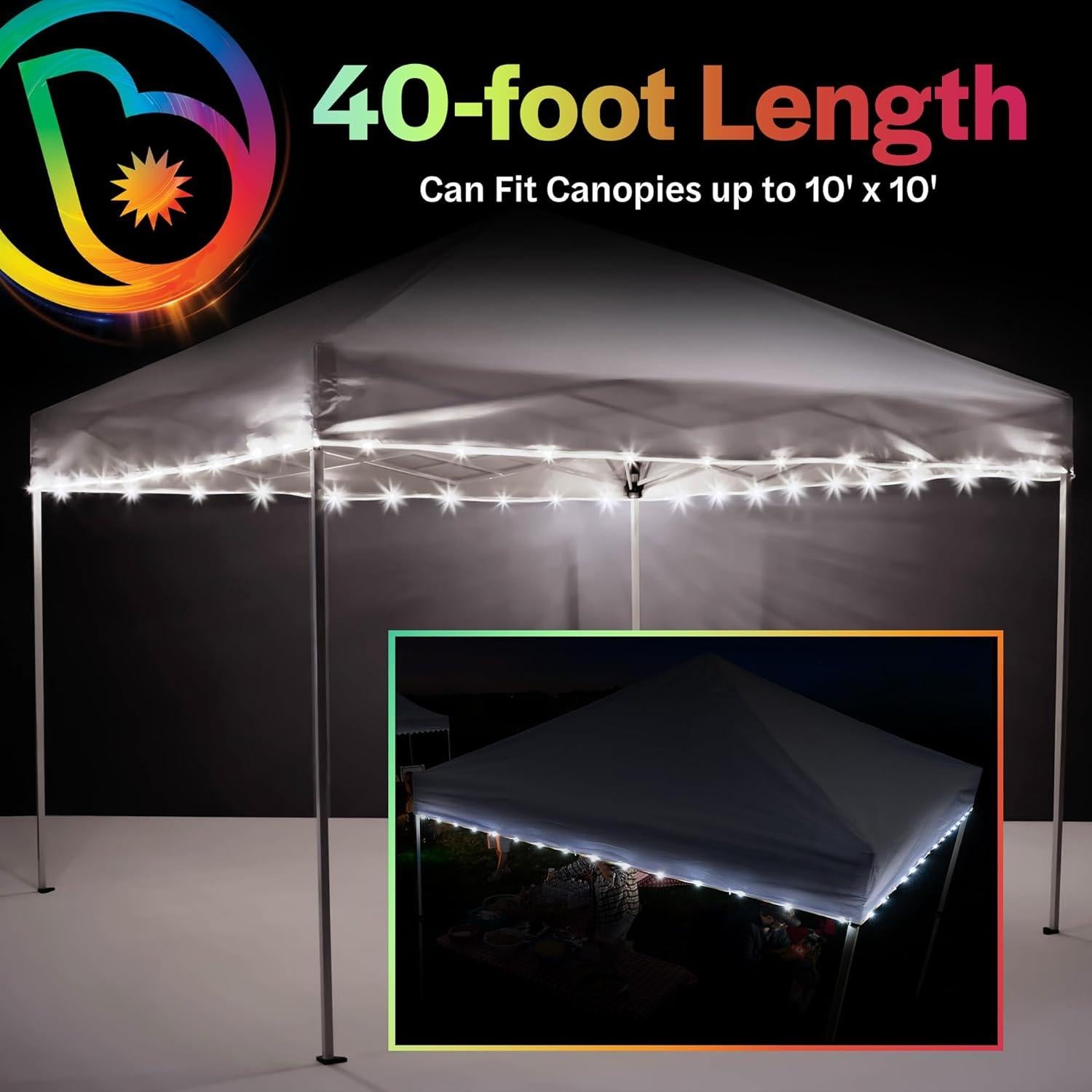 Brightz LED Canopy Lights, White - Outdoor Canopy Tent Lights for 10ft x 10ft Tents - Football Tailgate Essentials & Accessories - 40ft String Light