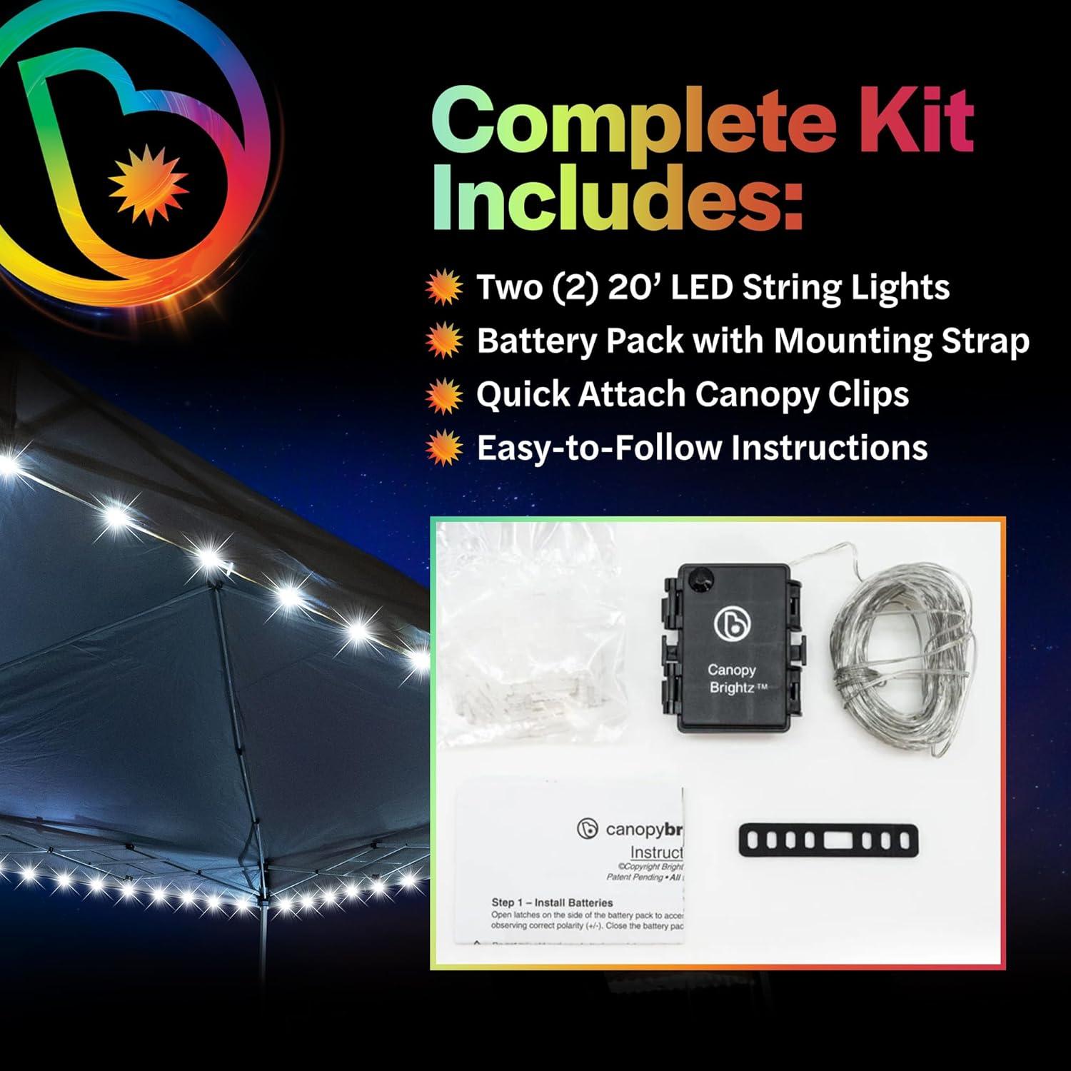 Brightz LED Canopy Lights, White - Outdoor Canopy Tent Lights for 10ft x 10ft Tents - Football Tailgate Essentials & Accessories - 40ft String Light