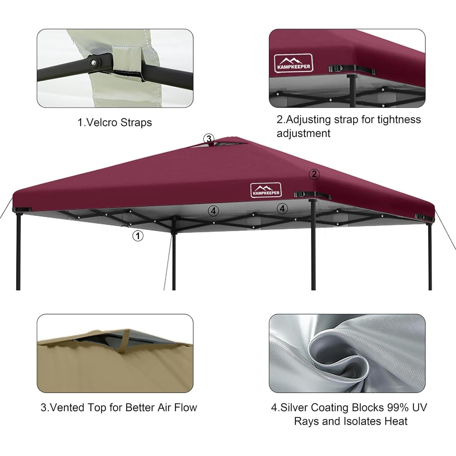 KAMPKEEPER Replacement Top Pop Up Canopy Tent Cover Roof with Air Vent and Adjustable Elastic Strap, Polyester UV Waterproof for Outdoor Garden Patio Sun Shade(Top Only) (Red, 10x10FT)