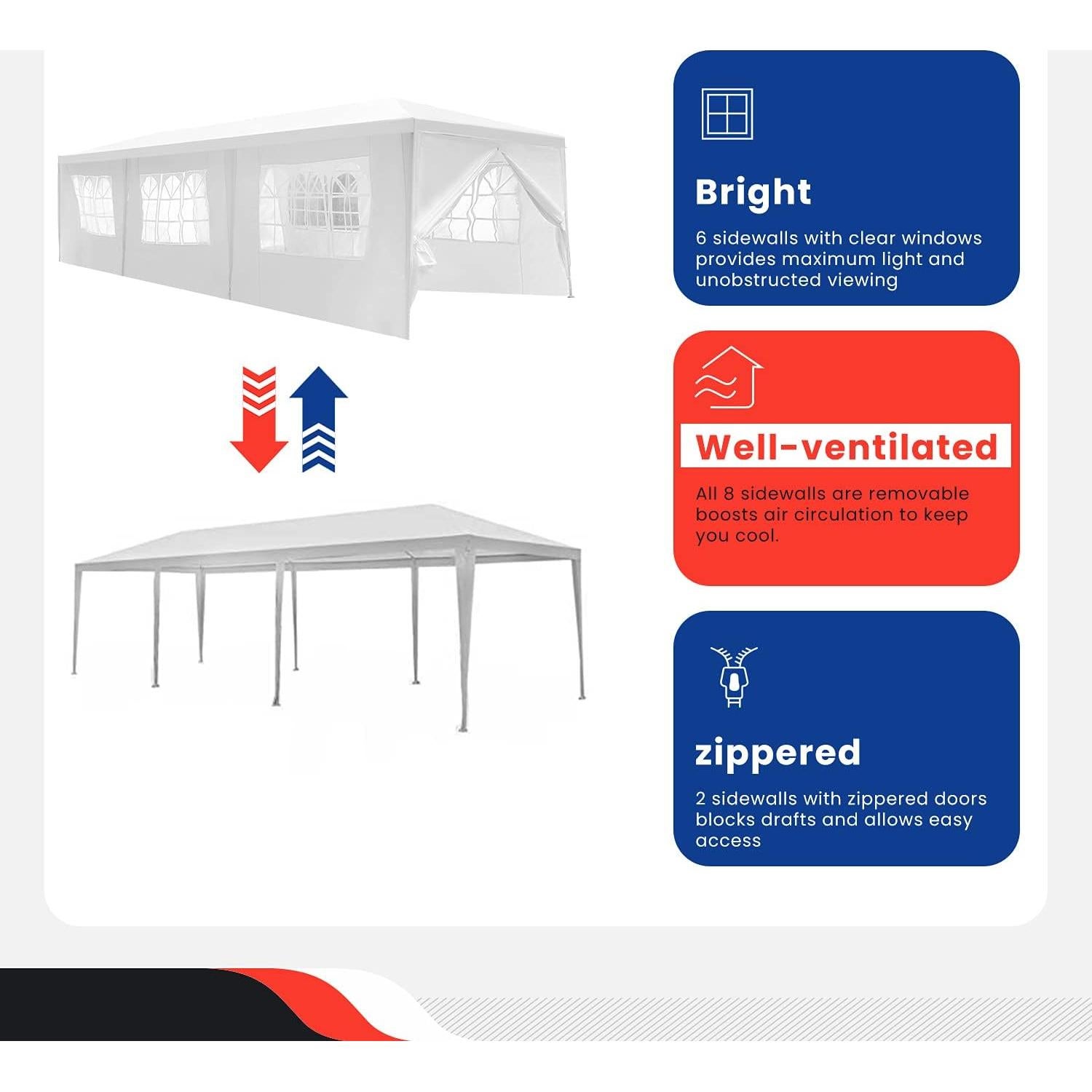 Canopy 10'x30' Party Tent Heavy Duty Outdoor Gazebo Wedding Party Tent with 8 Removable Sidewalls Waterproof UV Resistant for Wedding Camping Shelter BBQ,White