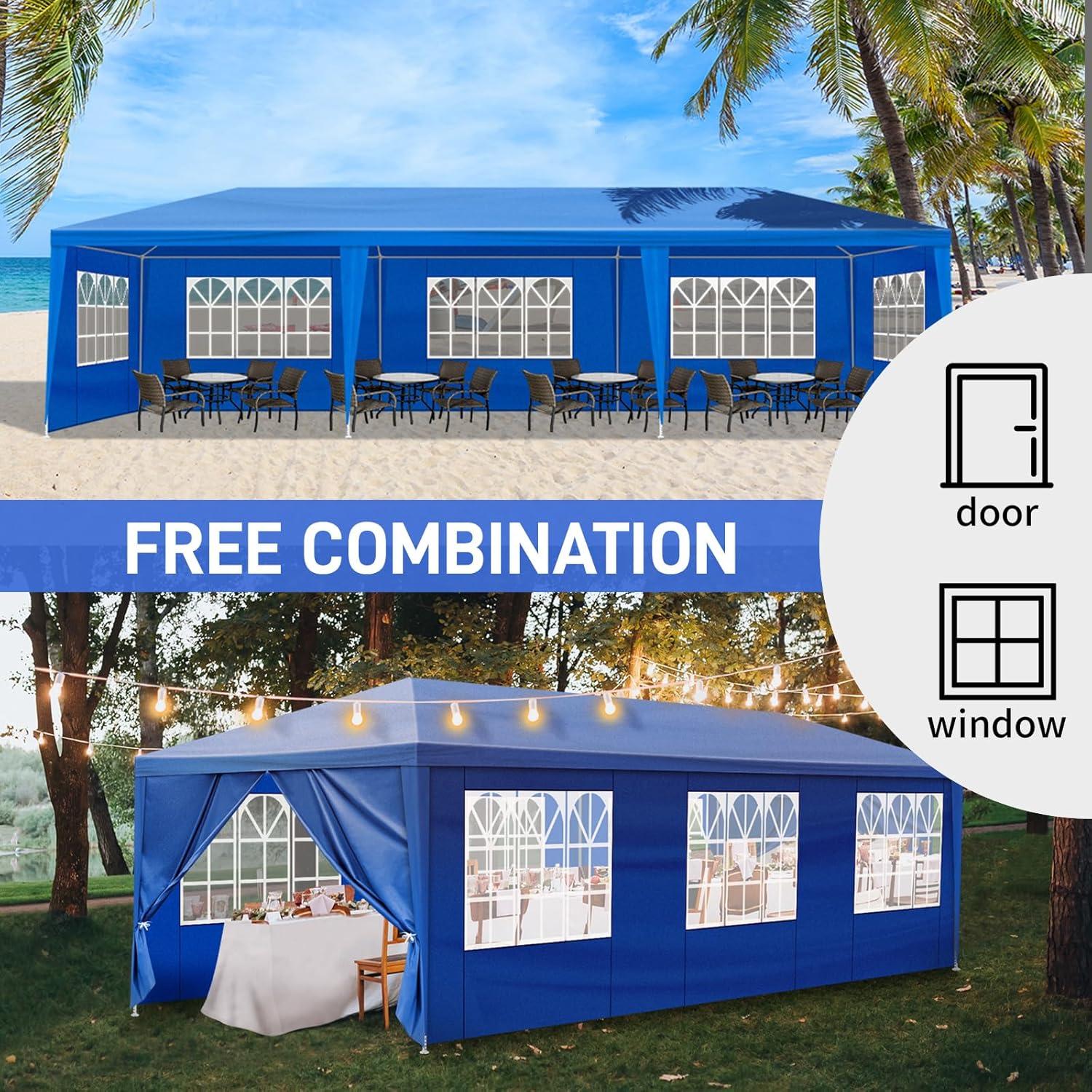 10x30 Outdoor Blue Party Tent with 8 Removable Sidewalls & 5 Transparent Windows Outside Gazebo Canopy Tent Event Tent for Wedding, Birthday, Garden Parties and Backyard Patio BBQ Events