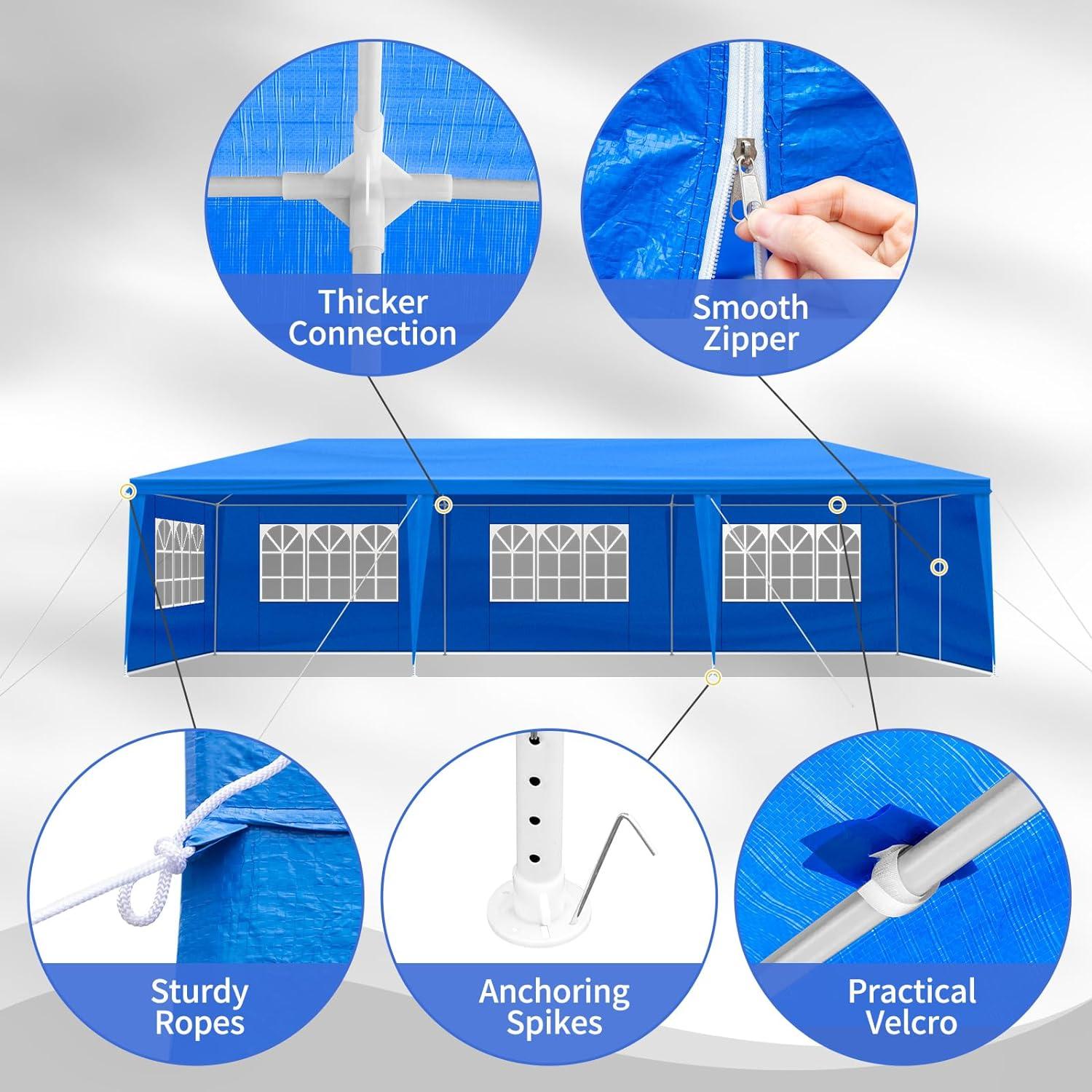 10x30 Outdoor Blue Party Tent with 8 Removable Sidewalls & 5 Transparent Windows Outside Gazebo Canopy Tent Event Tent for Wedding, Birthday, Garden Parties and Backyard Patio BBQ Events