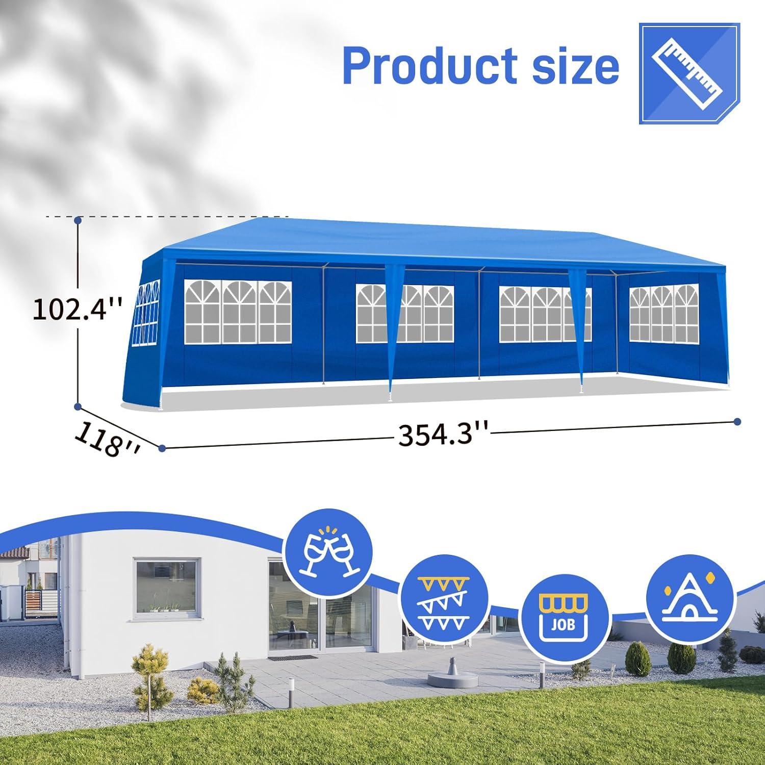 10x30 Outdoor Blue Party Tent with 8 Removable Sidewalls & 5 Transparent Windows Outside Gazebo Canopy Tent Event Tent for Wedding, Birthday, Garden Parties and Backyard Patio BBQ Events