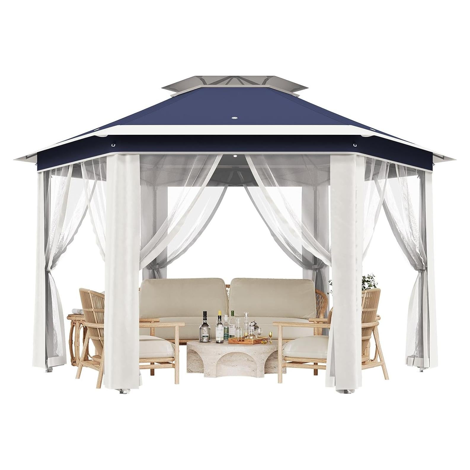13' x 13' Pop Up Gazebo, Hexagonal Canopy Shelter with 6 Zippered Mesh Netting, Event Tent with Strong Steel Frame for Patio Backyard Garden Wedding Party, Blue and Beige