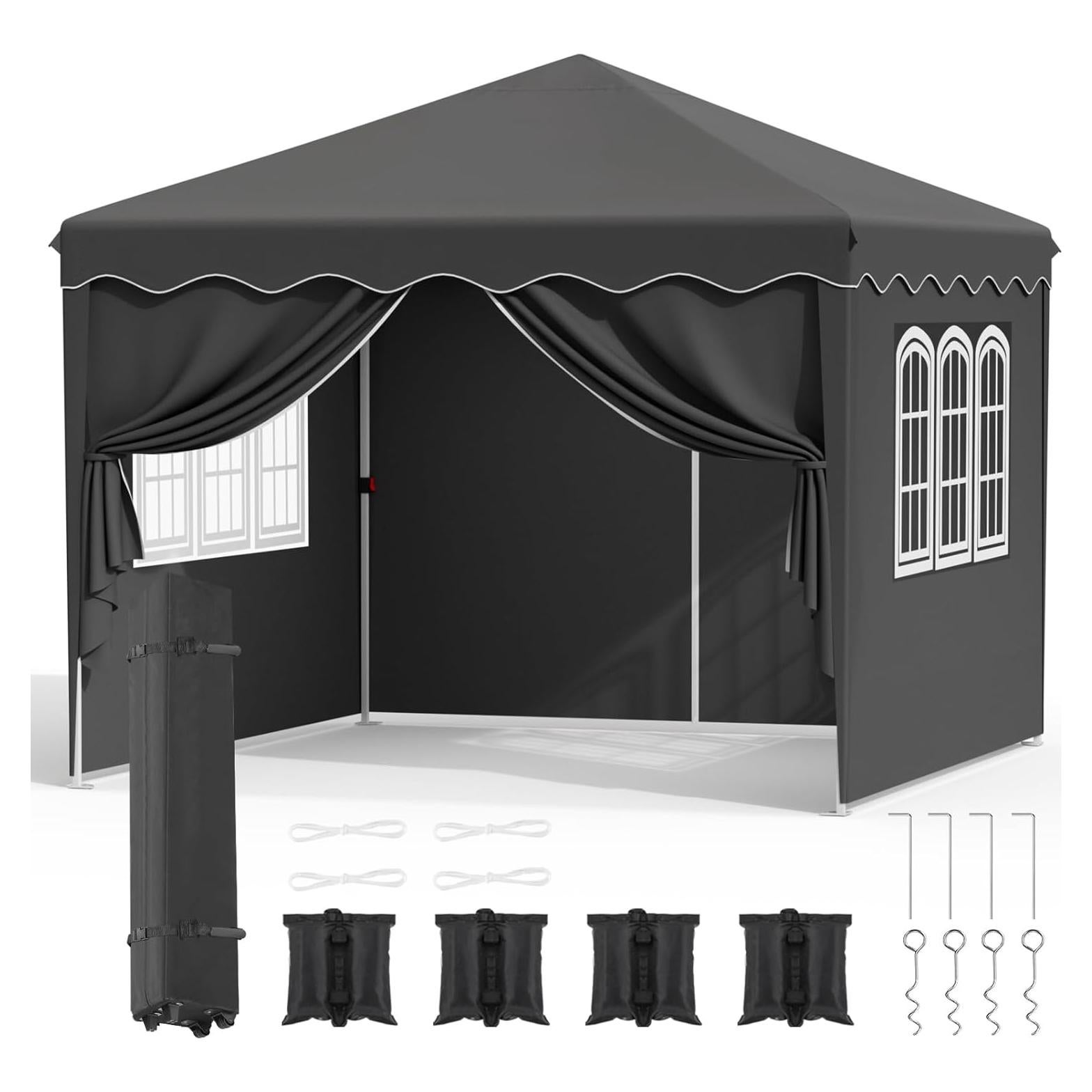 Arlopu 10x10FT Pop Up Canopy, Ez Up Commercial Instant Canopy Tent, Outdoor Portable Gazebo with 4 Sidewalls, 600D Cloth Wheeled Bag, Party Canopies Market Event Tent, for Wedding/Patio (Black)