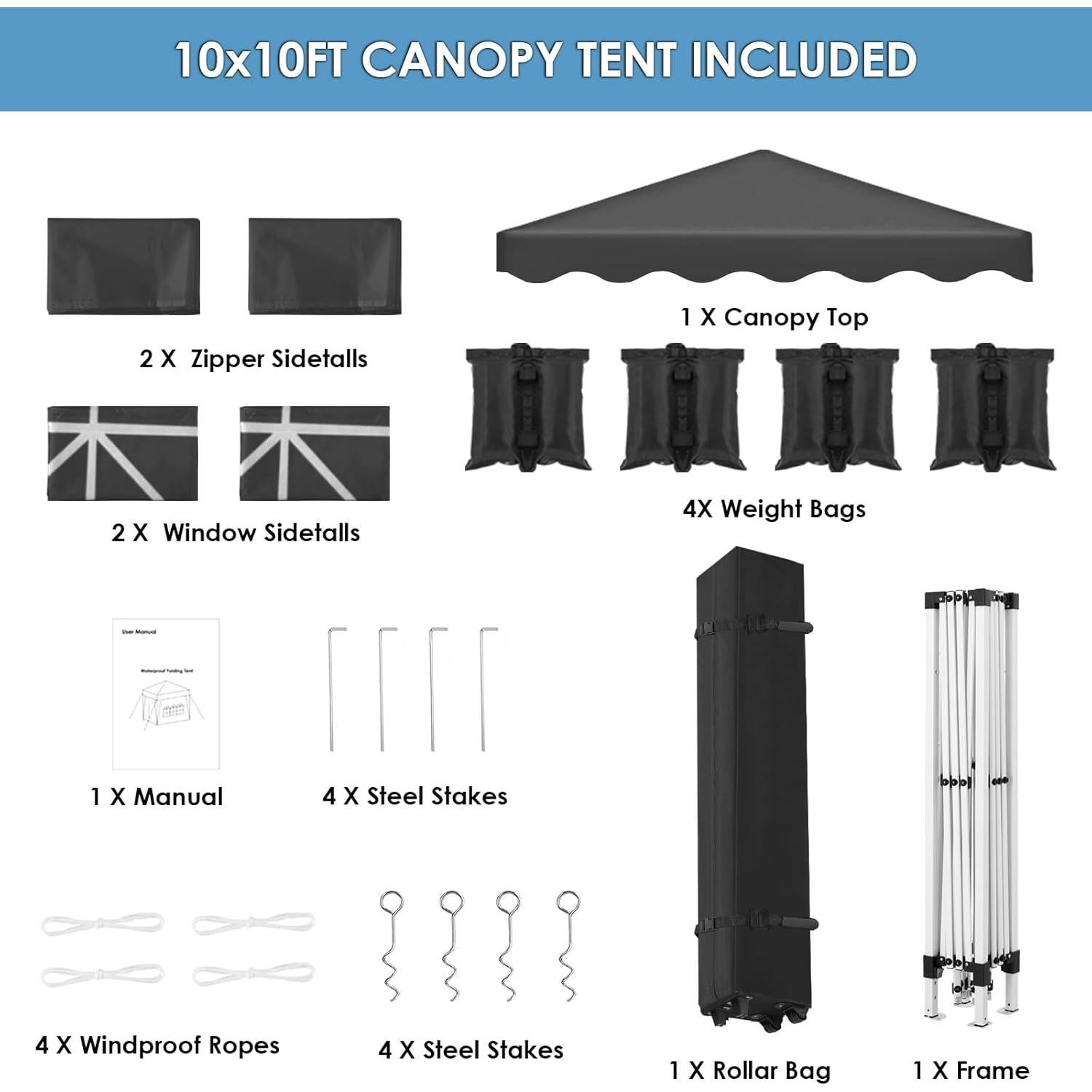 Arlopu 10x10FT Pop Up Canopy, Ez Up Commercial Instant Canopy Tent, Outdoor Portable Gazebo with 4 Sidewalls, 600D Cloth Wheeled Bag, Party Canopies Market Event Tent, for Wedding/Patio (Black)