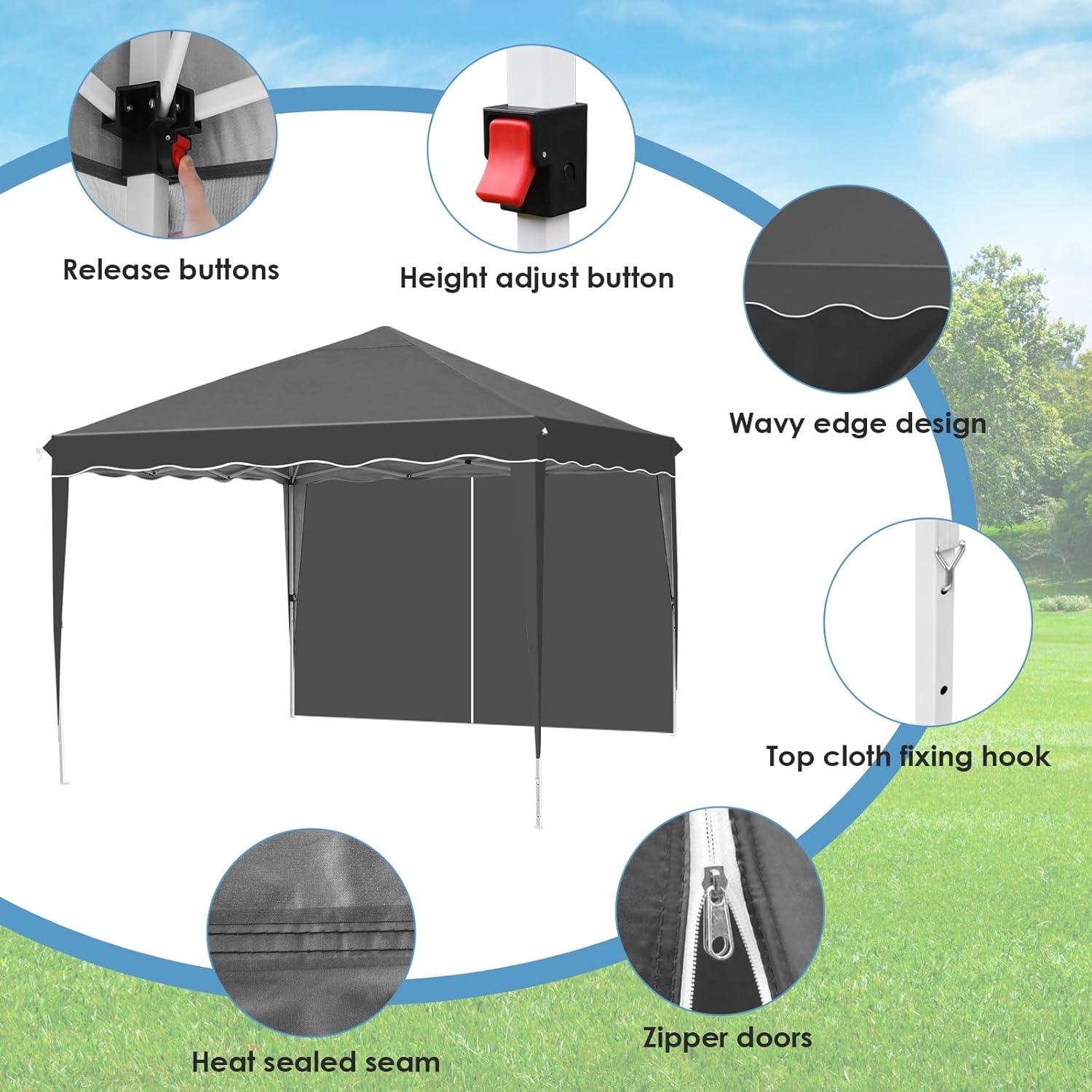 Arlopu 10x10FT Pop Up Canopy, Ez Up Commercial Instant Canopy Tent, Outdoor Portable Gazebo with 4 Sidewalls, 600D Cloth Wheeled Bag, Party Canopies Market Event Tent, for Wedding/Patio (Black)
