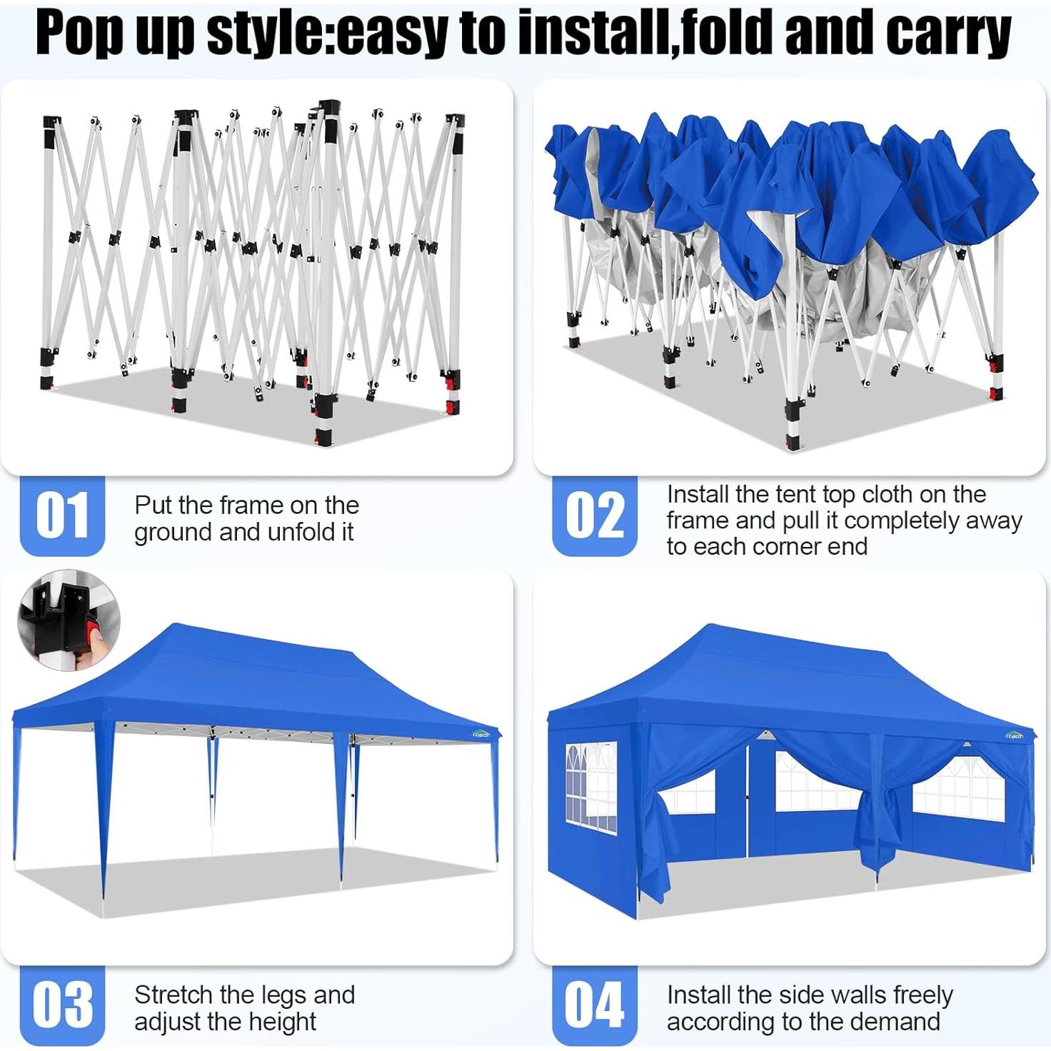 COBIZI 10x20 Pop Up Canopy with 6 Sidewall, Commercial Outdoor Wedding Canopy Gazebo UPF 50+, Waterproof Party Tents for Parties with Upgrade Frame, 3 Height Adjustable, Carry Bag, Blue