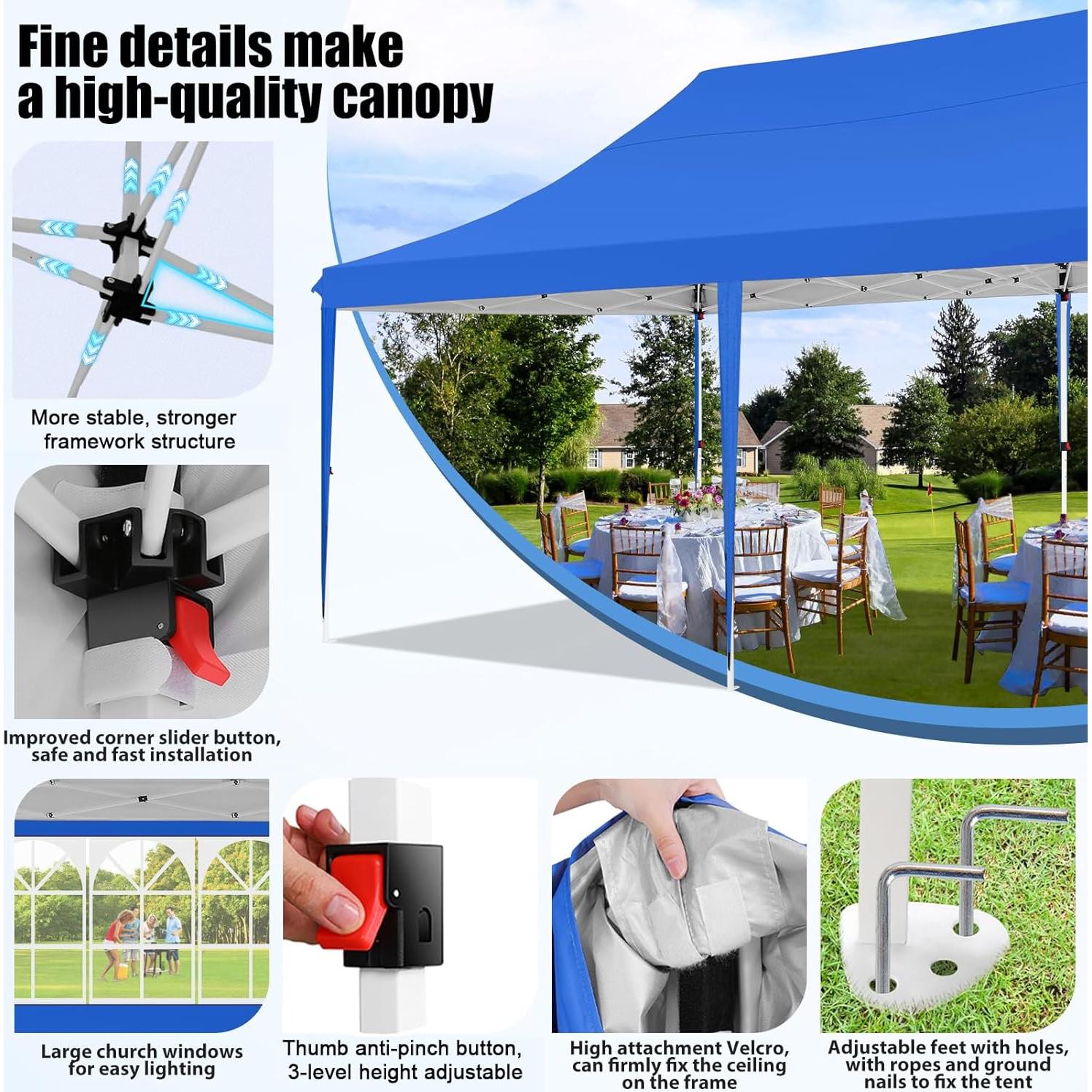 COBIZI 10x20 Pop Up Canopy with 6 Sidewall, Commercial Outdoor Wedding Canopy Gazebo UPF 50+, Waterproof Party Tents for Parties with Upgrade Frame, 3 Height Adjustable, Carry Bag, Blue