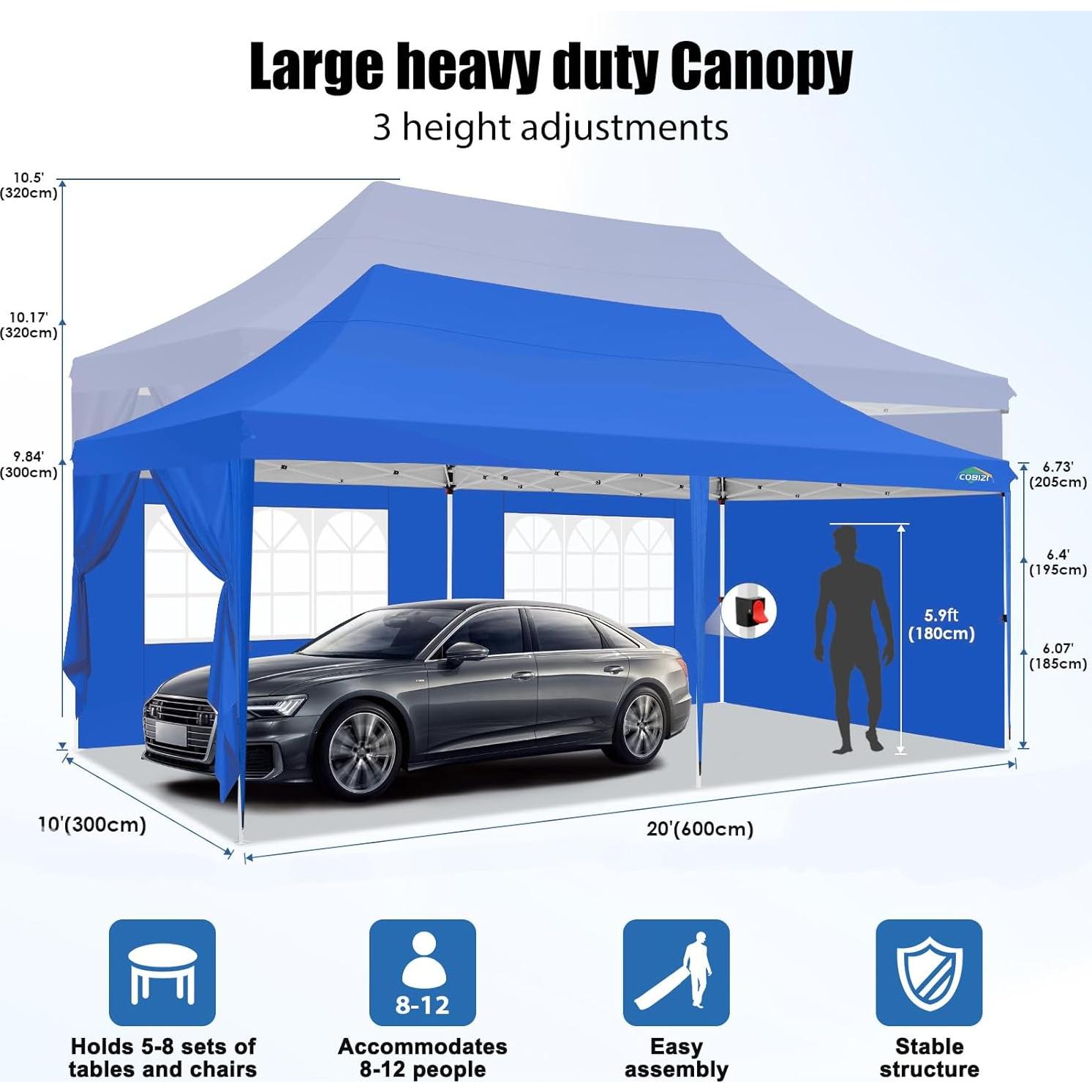 COBIZI 10x20 Pop Up Canopy with 6 Sidewall, Commercial Outdoor Wedding Canopy Gazebo UPF 50+, Waterproof Party Tents for Parties with Upgrade Frame, 3 Height Adjustable, Carry Bag, Blue
