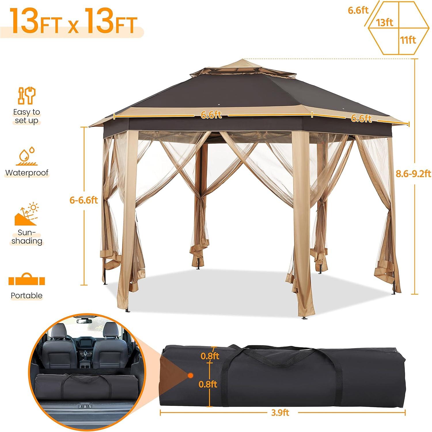 Gazebo Plegable Hexagonal Topeakmart 3.96x3.35m con Mosquitera