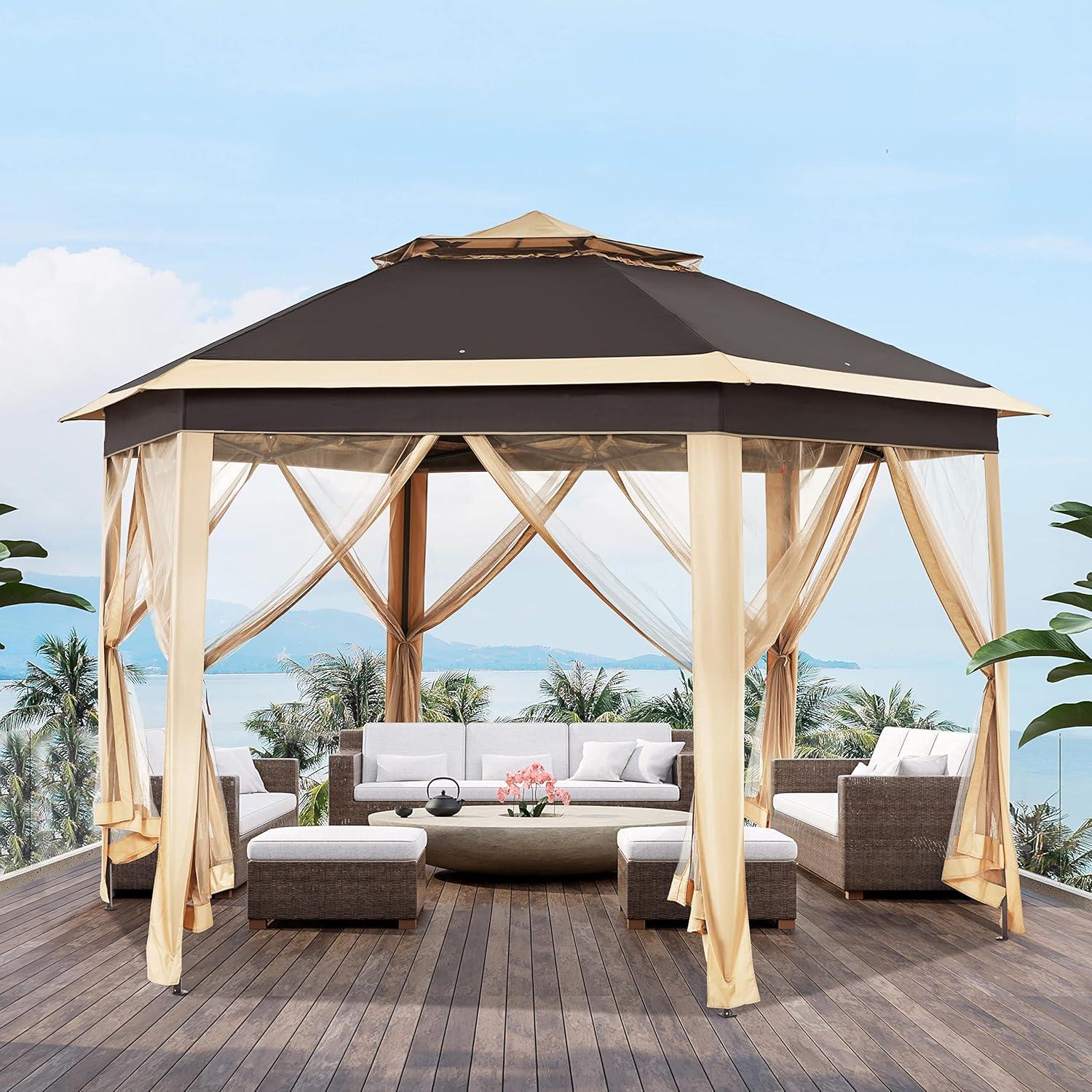Gazebo Plegable Hexagonal Topeakmart 3.96x3.35m con Mosquitera